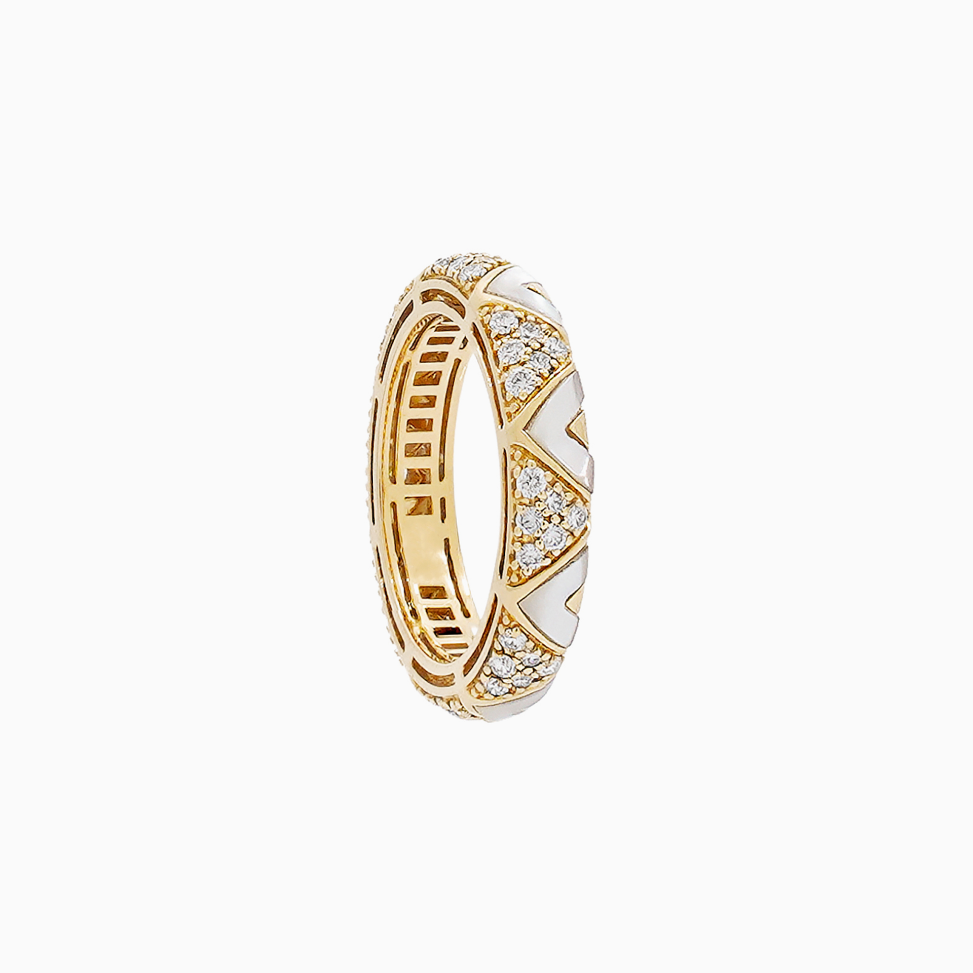 Sadu gold ring with mother of pearl and diamonds on a white background