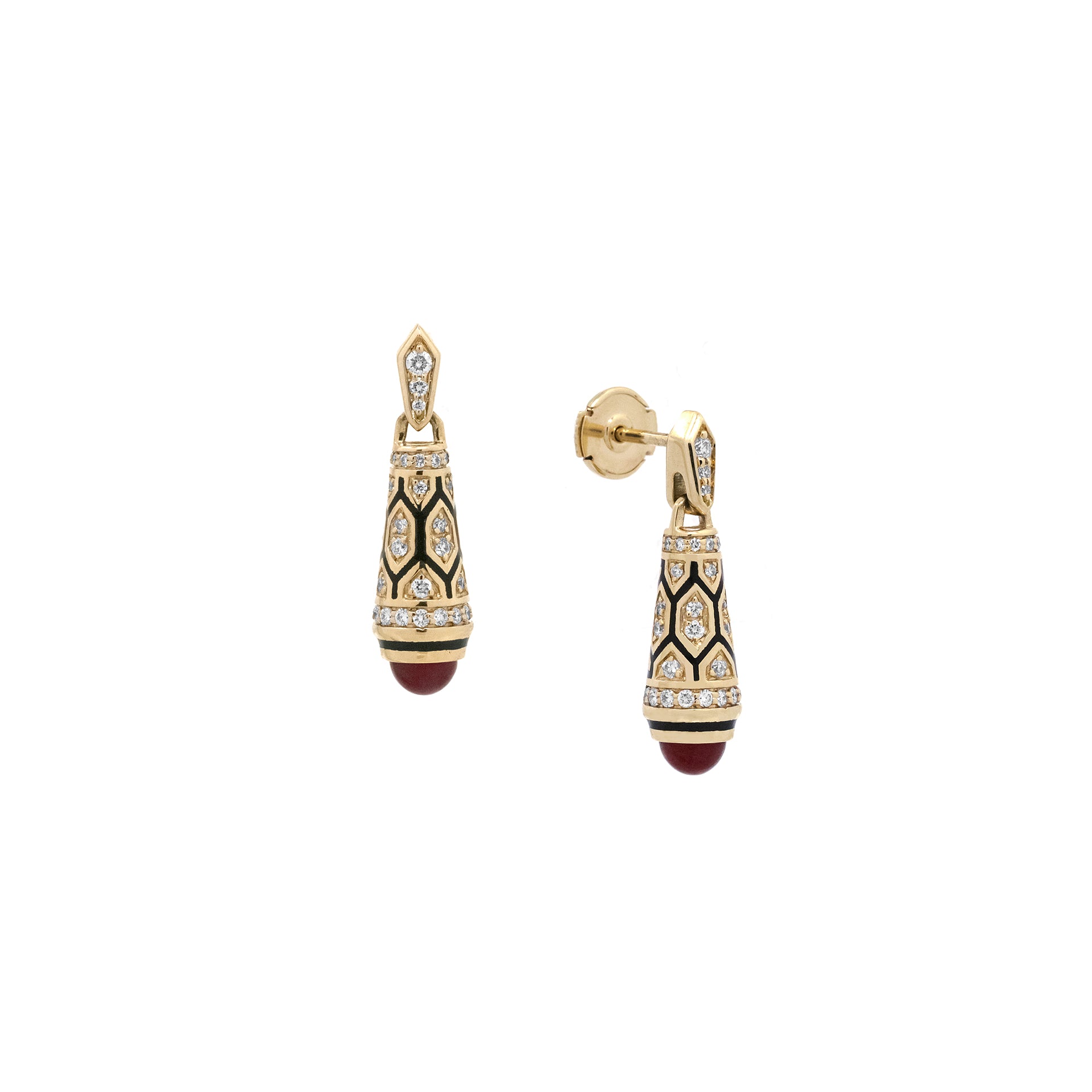 18k Mushabbak earrings in yellow gold with diamonds and rubies