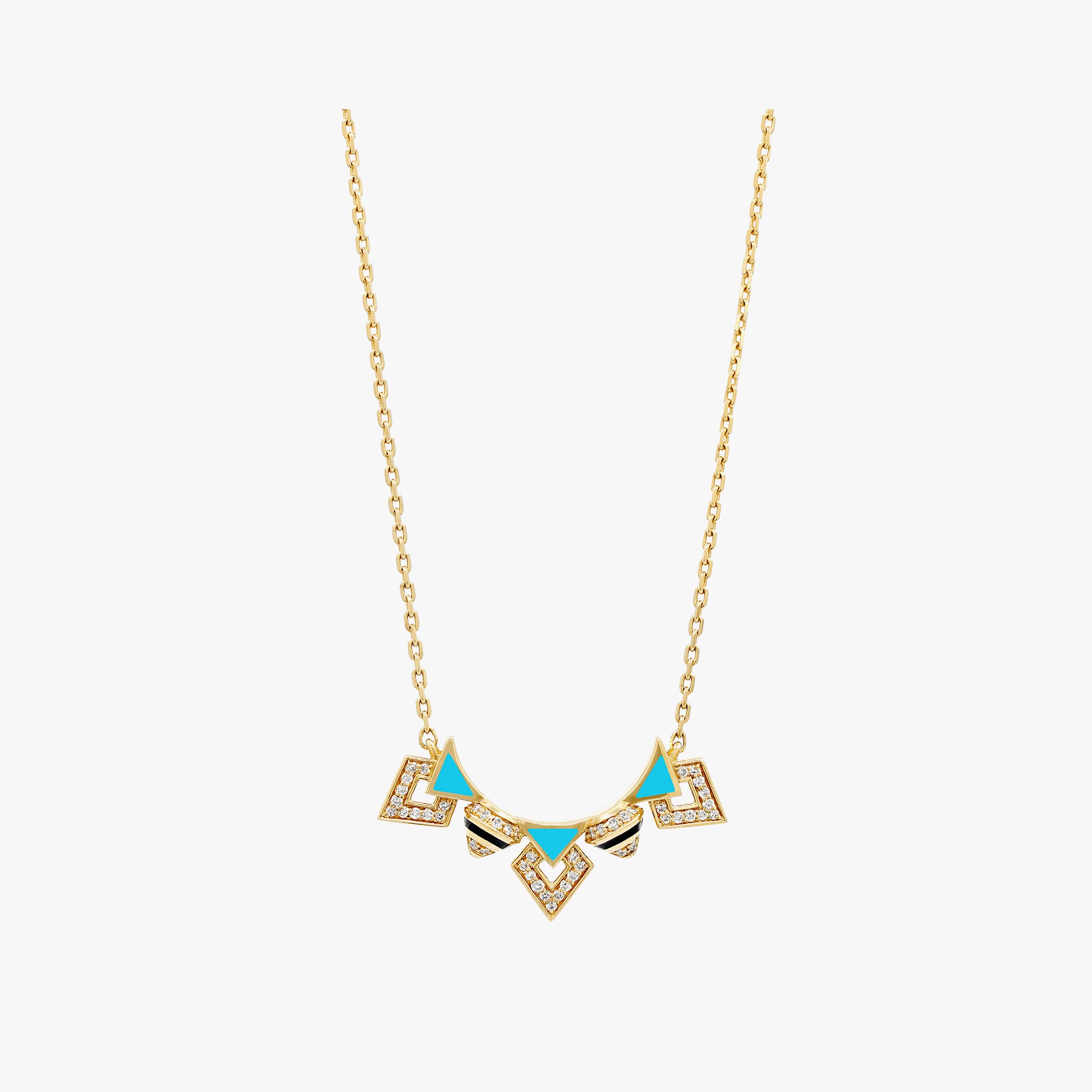 18k Yellow Gold Necklace with Black & Turquoise Hyceram and Diamonds