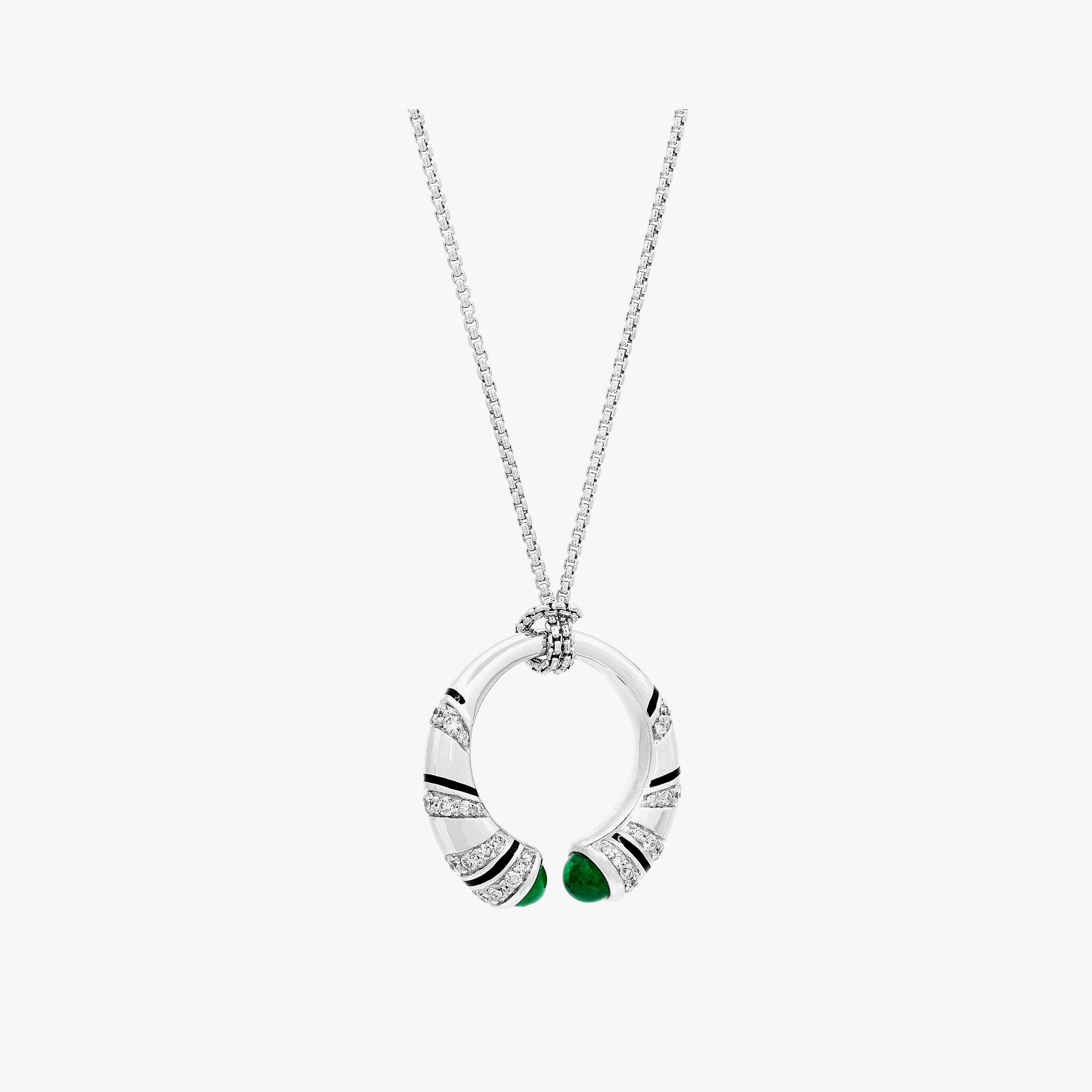 18k Mushabbak necklace in white gold with diamonds and emeralds