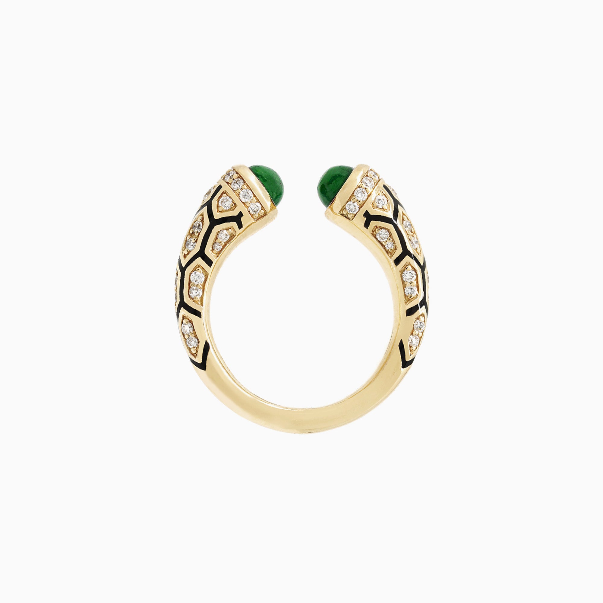 Al Zain Jewellery Mushabbak Gold ring with green gemstones and intricate design on a white background
