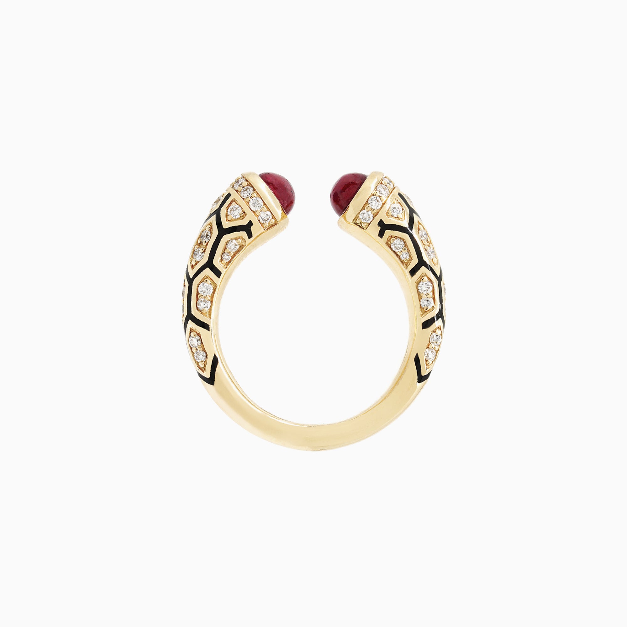Al Zain Jewellery Mushabbak Gold ring with red gemstones and black designs on a white background