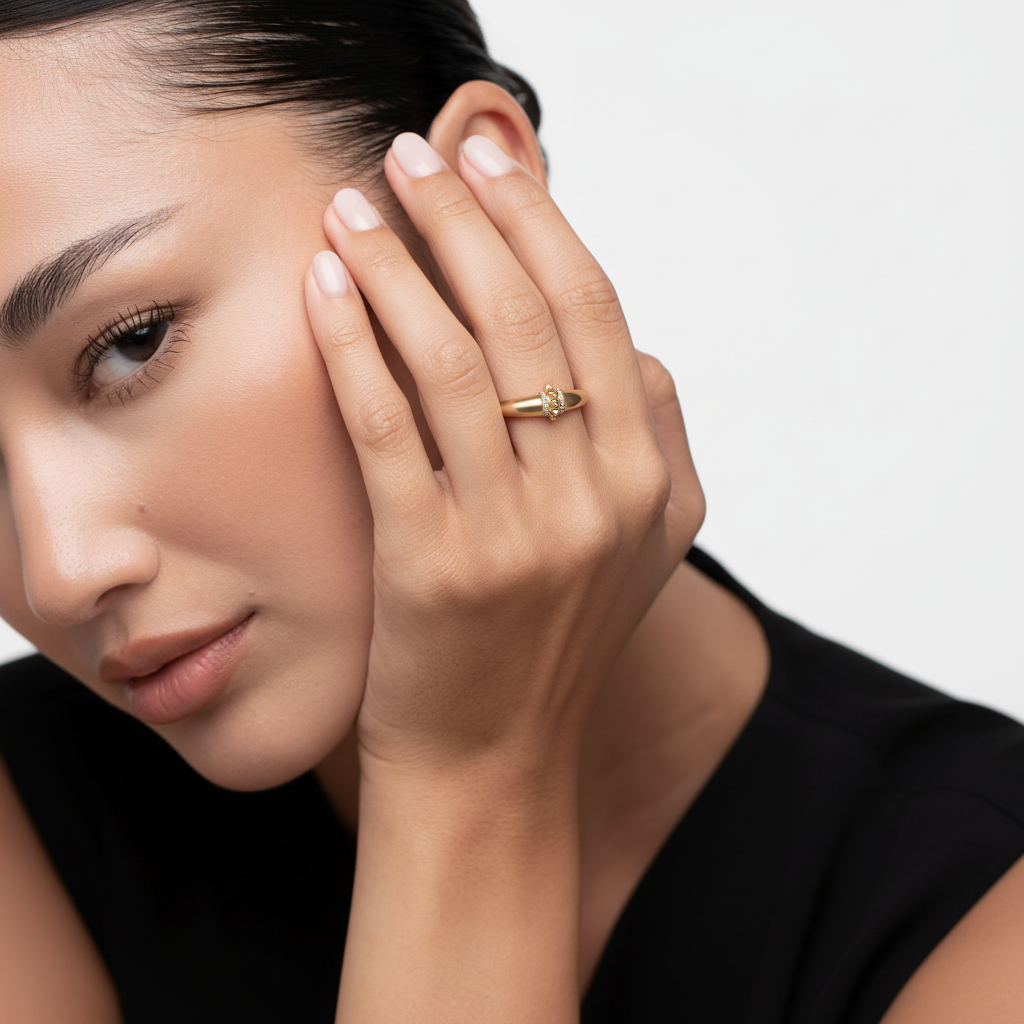 Woman in black wearing hab el hayl ring 18k yellow gold with diamonds in white background
