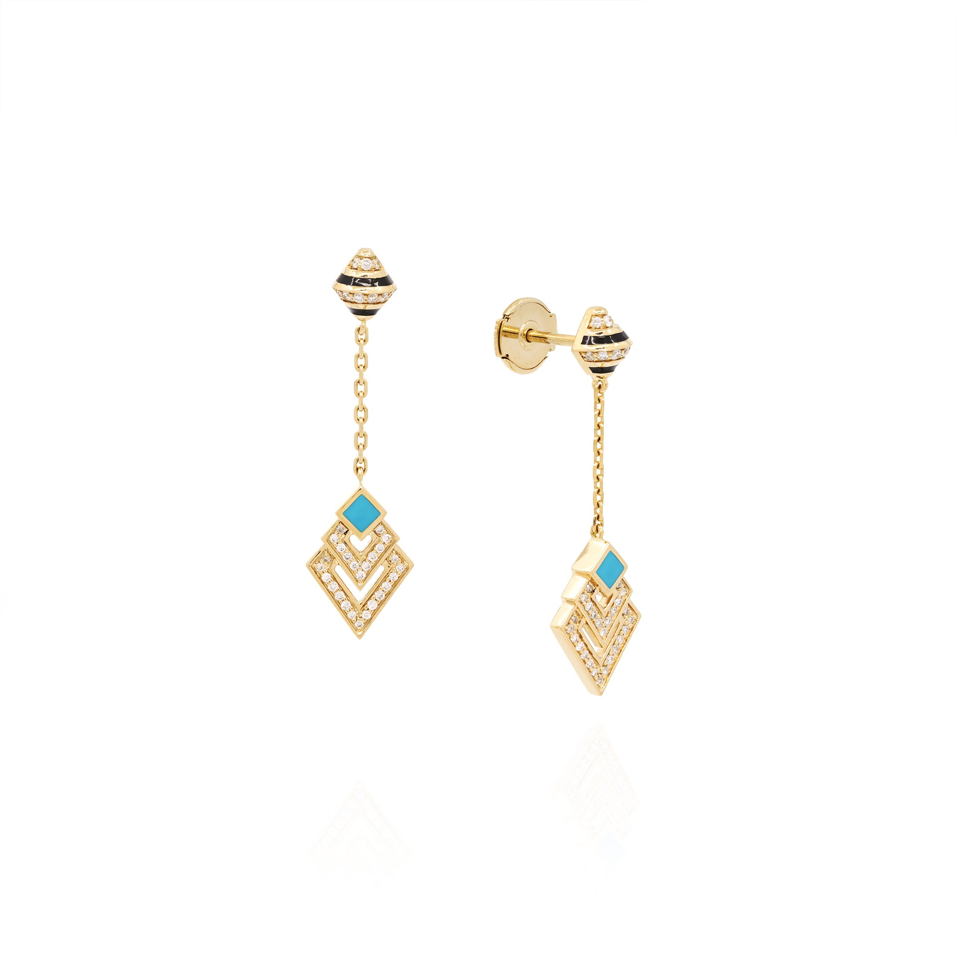 18k Yellow Gold Hanging Earrings with Black & Turquoise  Hyceram and Diamonds