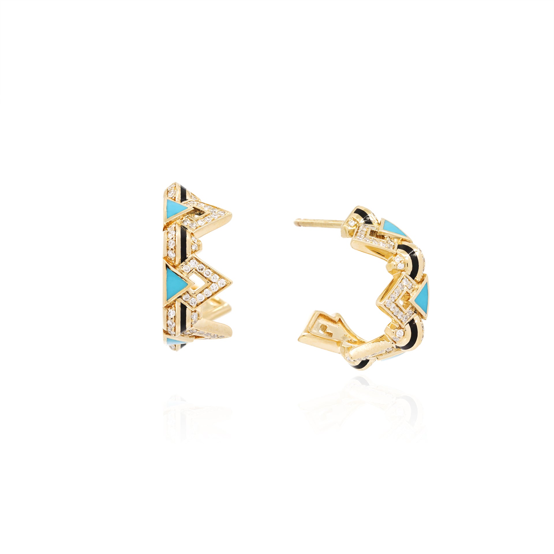 18k Yellow Gold Hoop Small Earrings with Black & Turquoise Hyceram and Diamonds