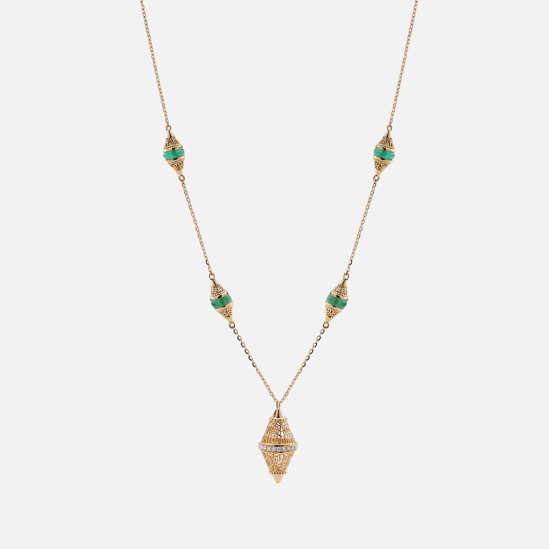 Al Merriyah mood colour necklace in 18k yellow gold with emerald and diamonds - Al Zain Jewellery