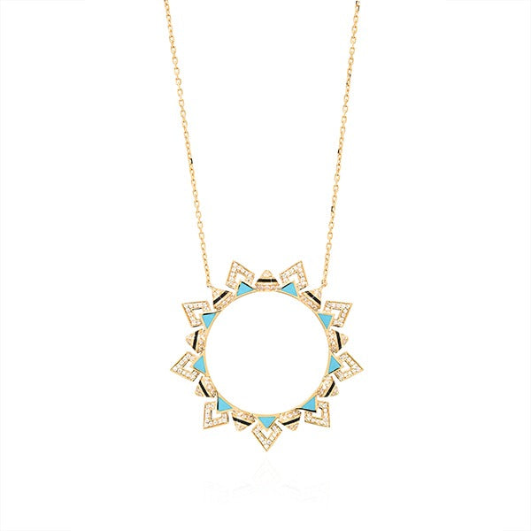 18k Yellow Gold Necklace with Black & Turquoise Hyceram and Diamonds