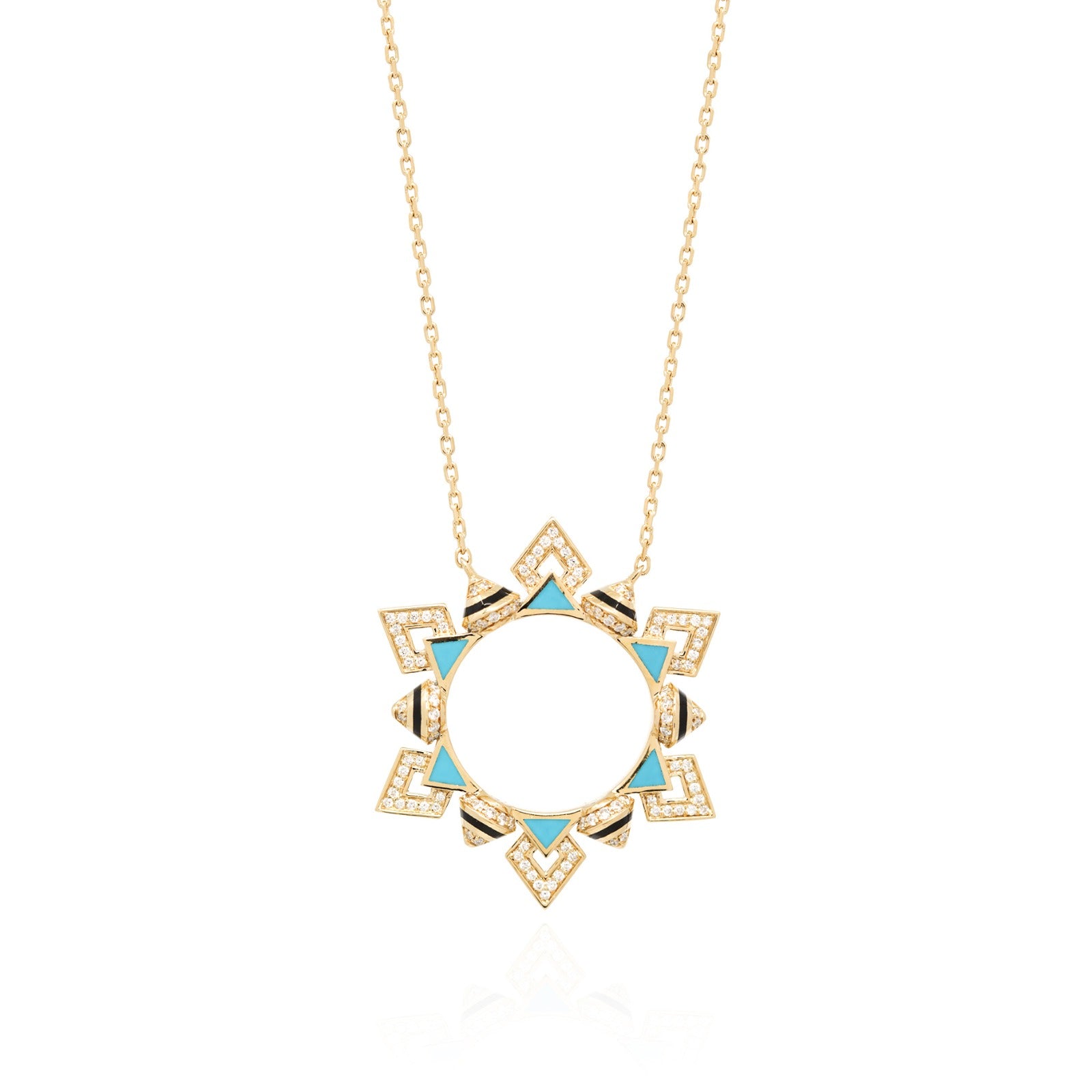 18k Yellow Gold Necklace with Black & Turquoise Hyceram and Diamonds