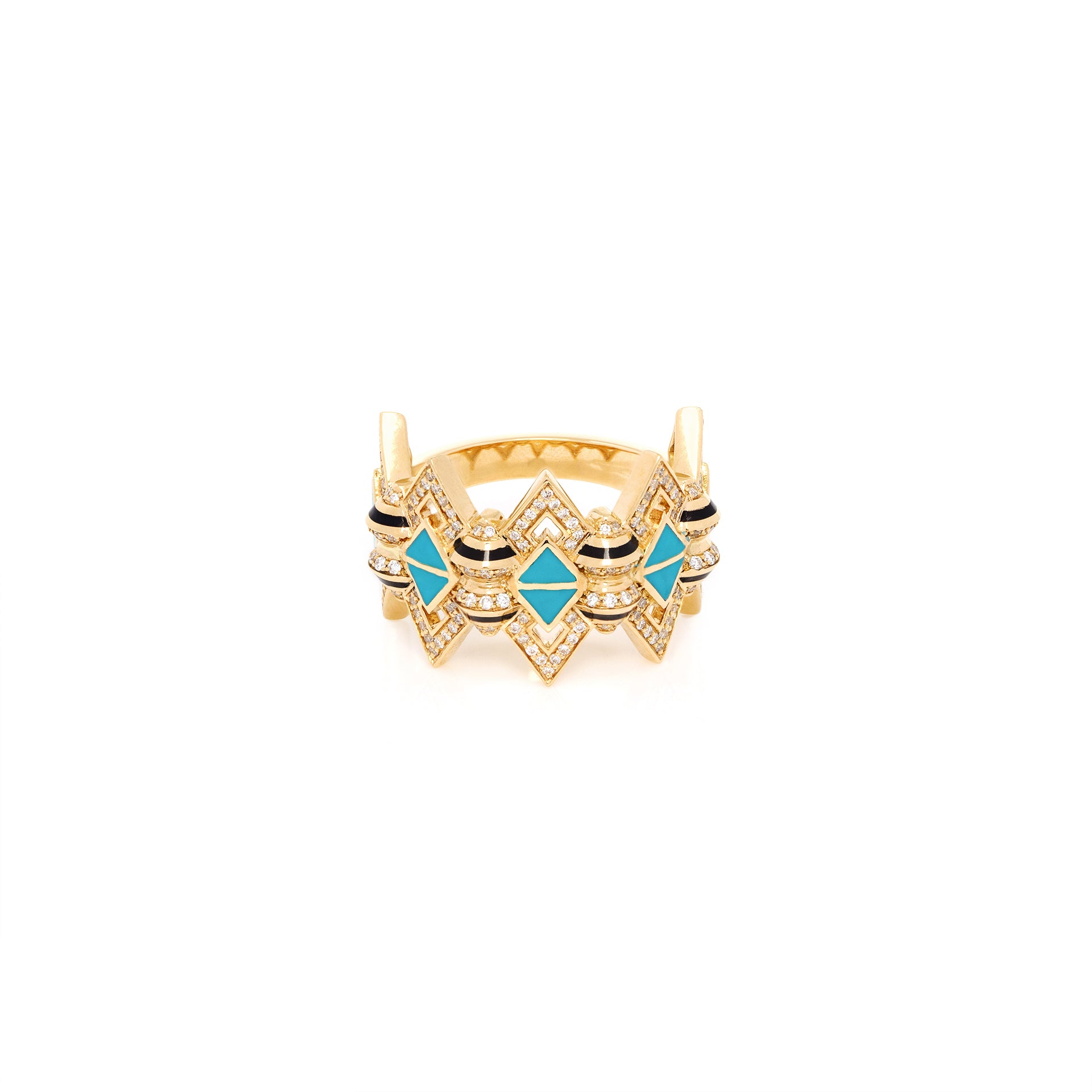 18k Yellow Gold Ring with Black & Turquoise Hyceram and Diamonds