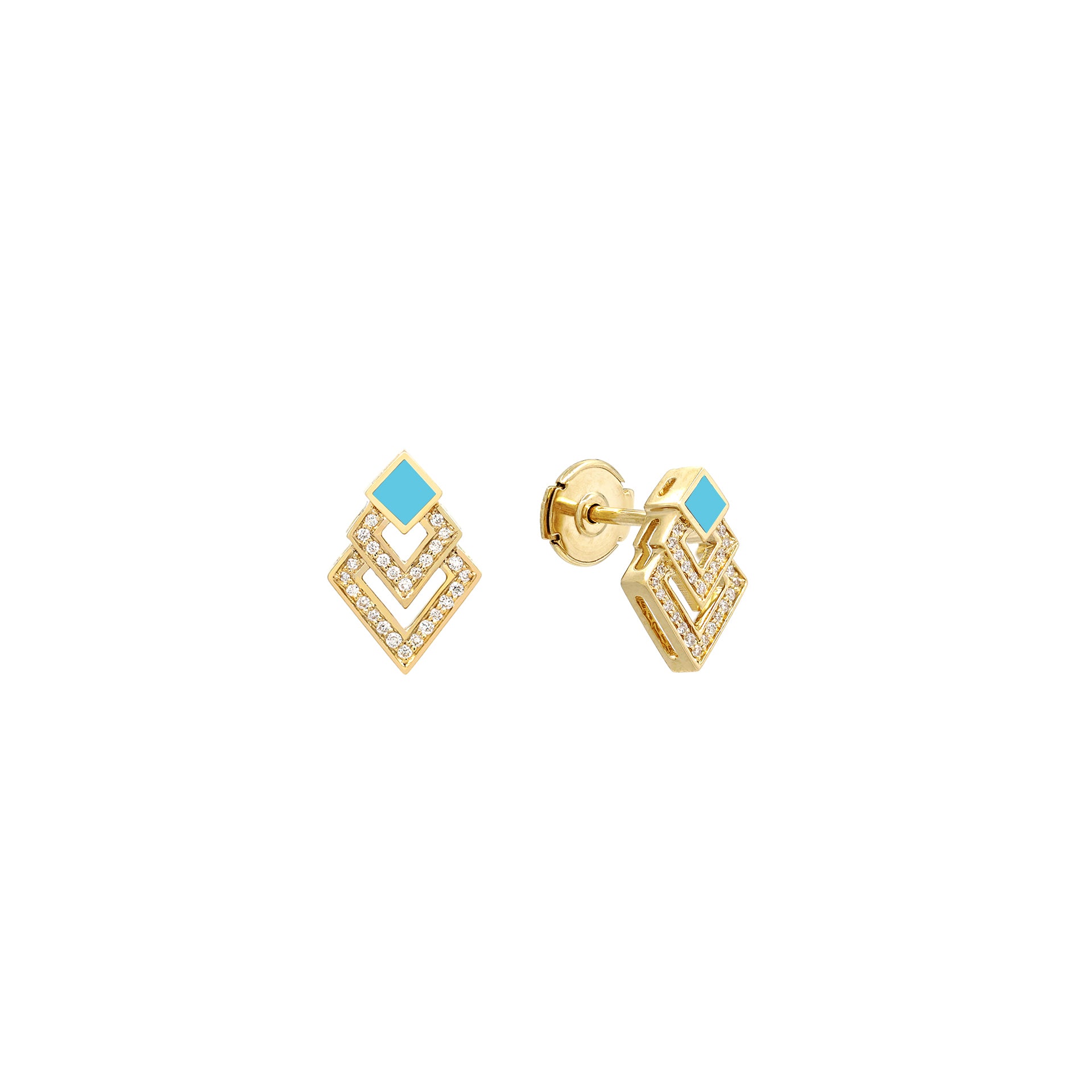 18k Yellow Gold Stud Earrings with Turquoise Hyceram and Diamonds