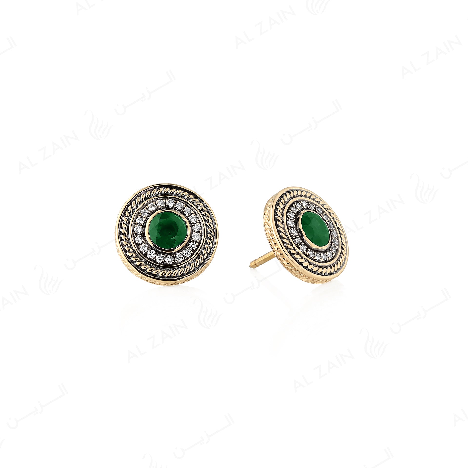 18k Antique Precious Medallion earrings in yellow gold with emerald and diamonds