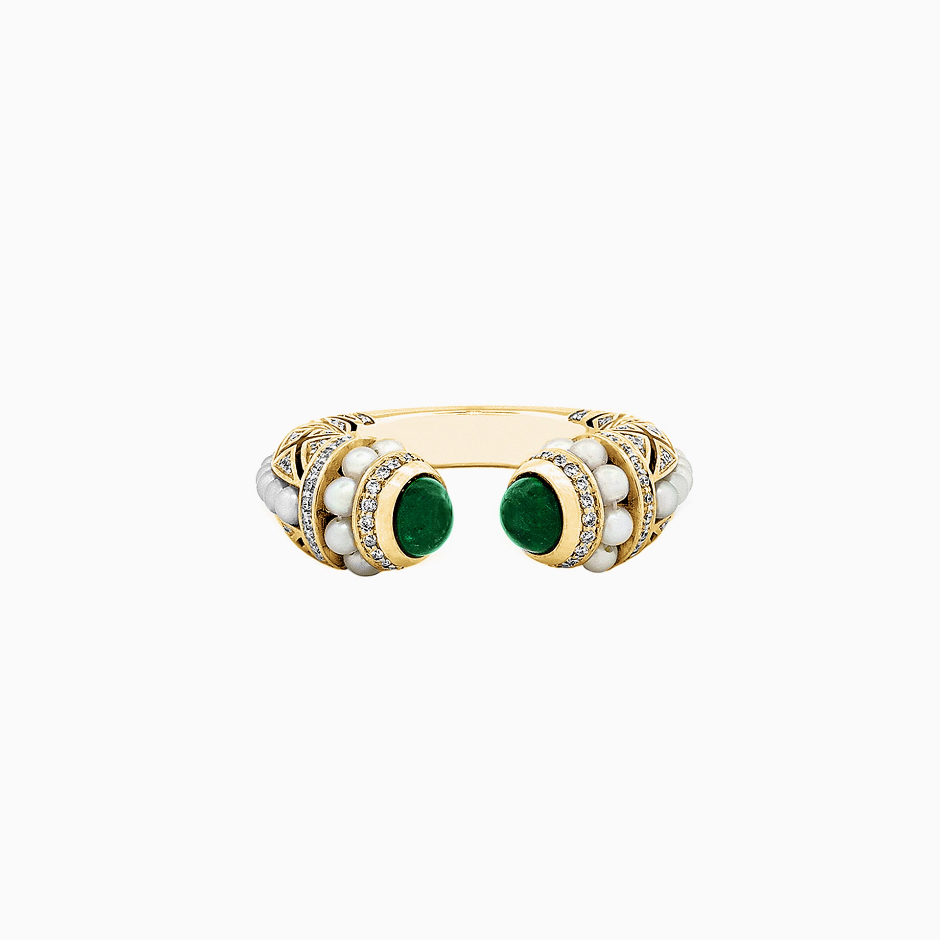 Al Zain Mushaabak 18k yellow gold ring with green emerald gemstones set with diamonds and natural Bahraini pearls on a white background