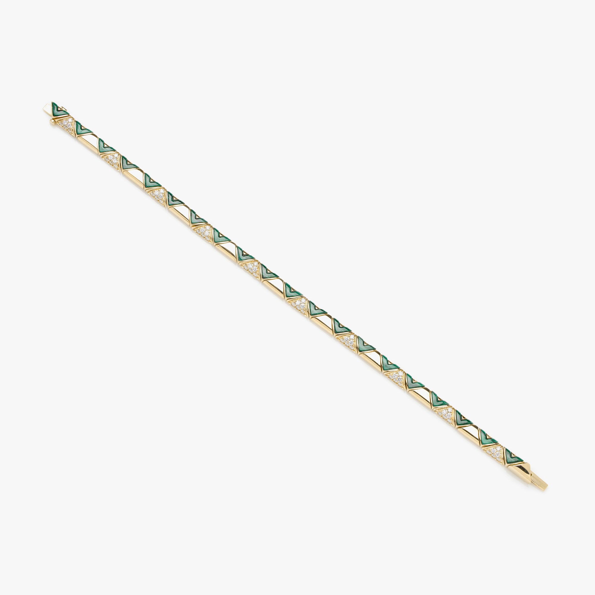 Sadu gold bracelet with malachite and diamonds on a white background