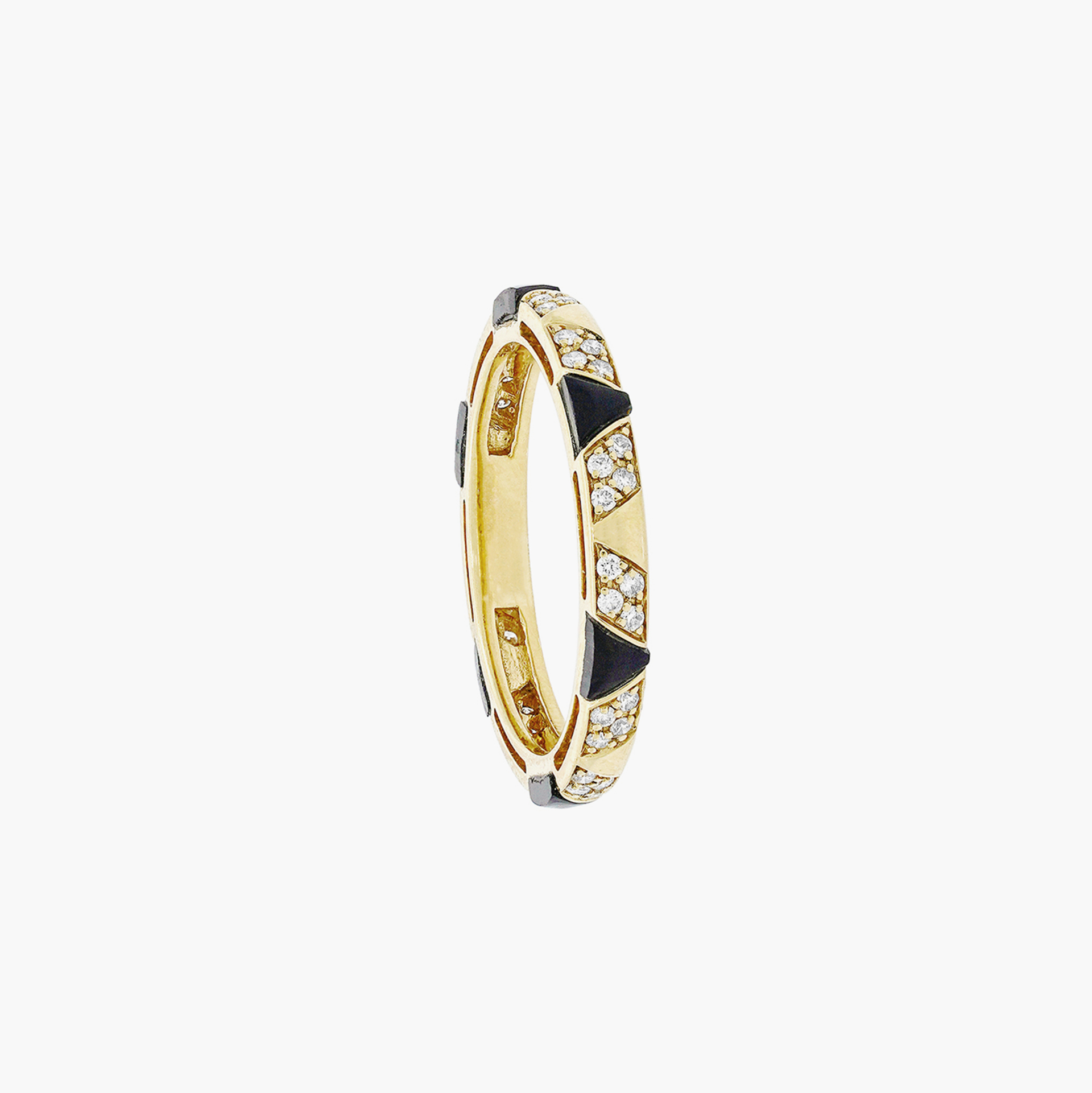 Sadu gold ring with black onyx and diamonds on a white background