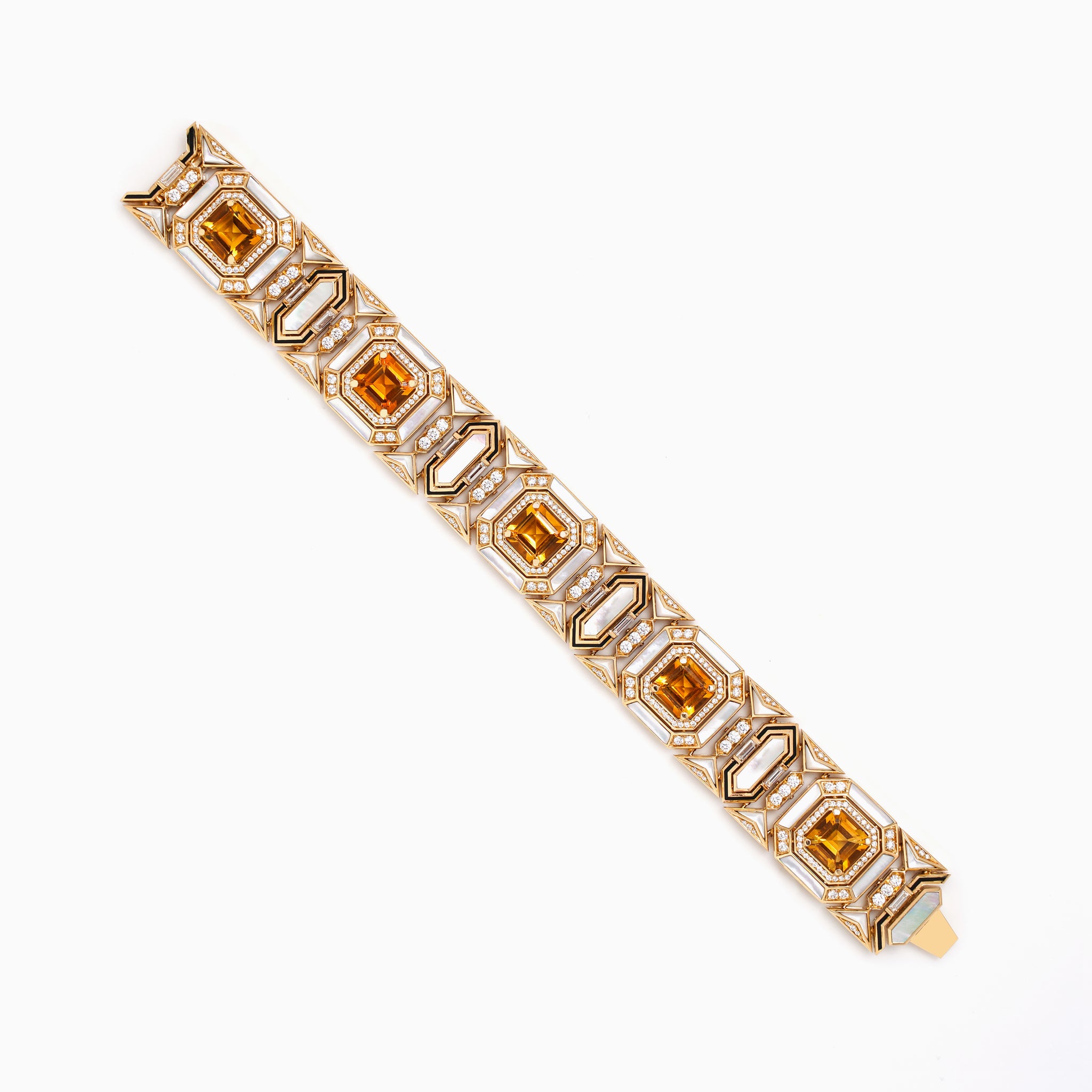 Al Zain Jena Gold bracelet with orange coloured gemstones and set diamonds on a white background