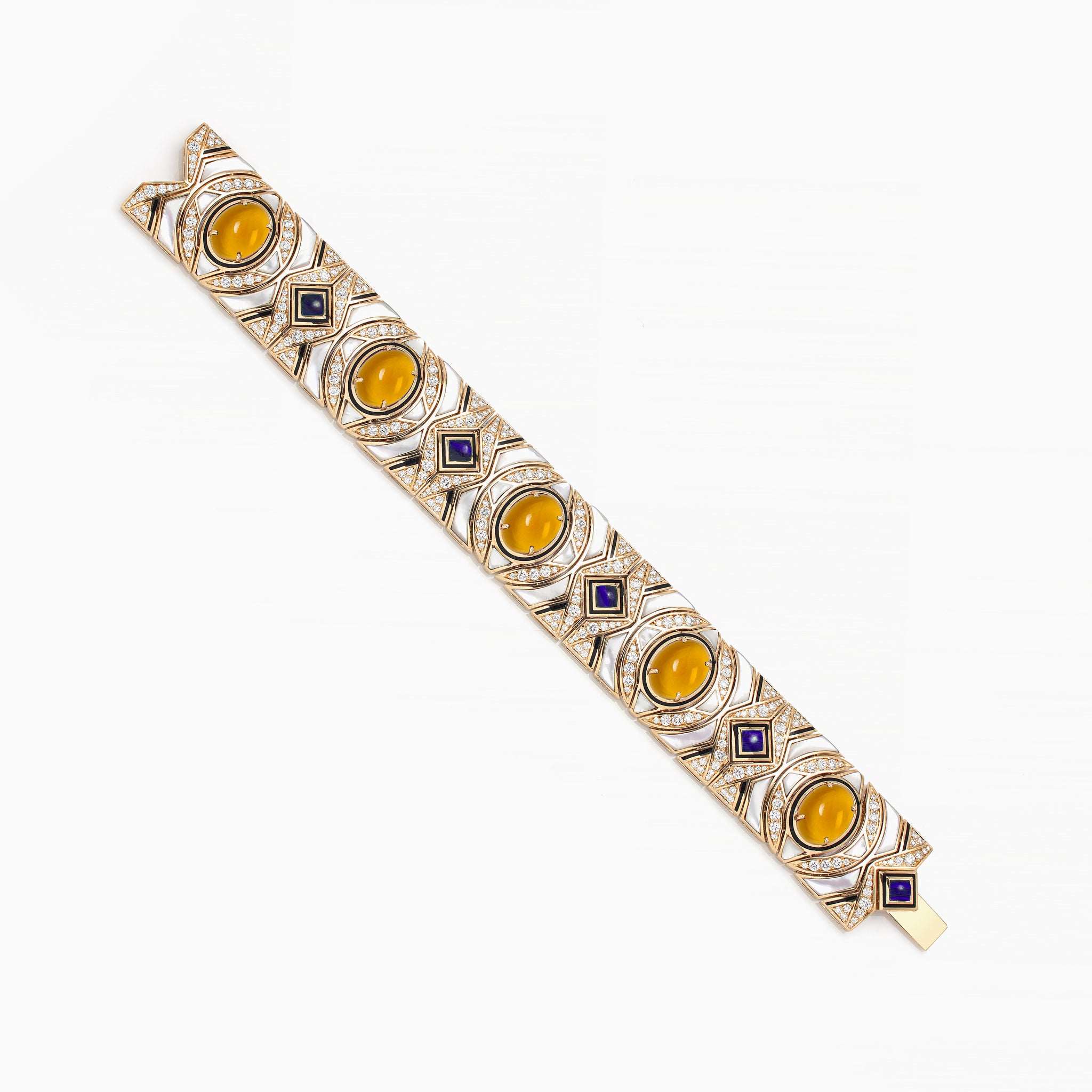 Al Zain 18k Gold bracelet with yellow gemstones and blue stones on a white background
