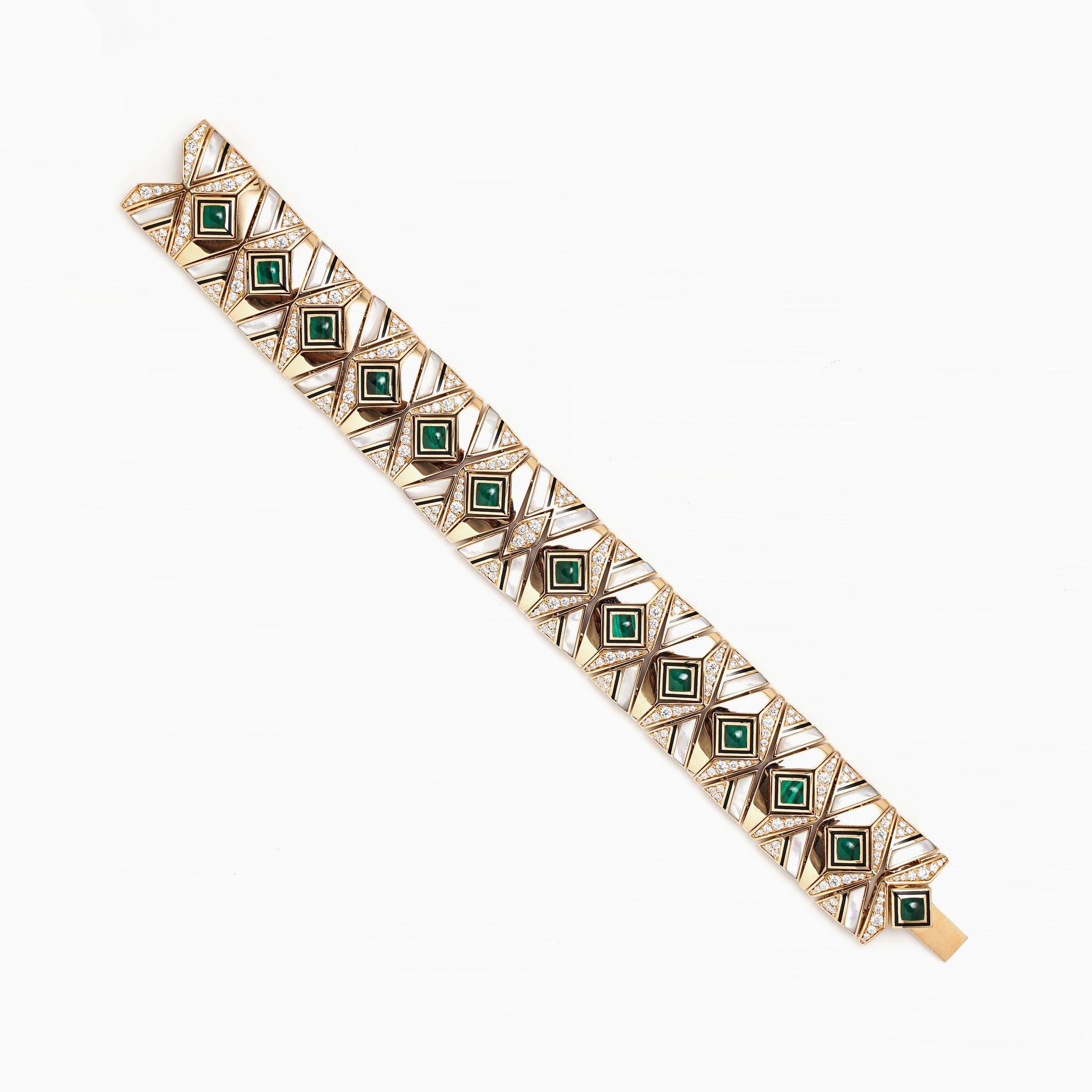 Al Zain Gold bracelet with green coloured gemstones set diamonds on a white background