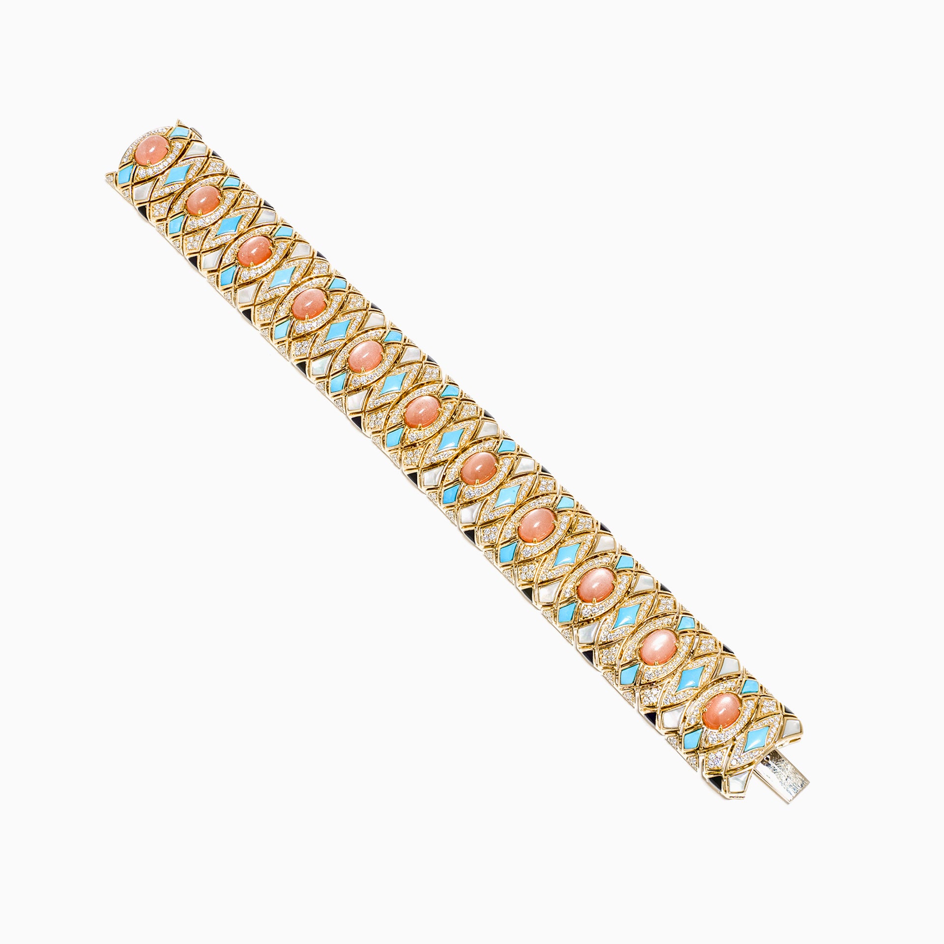 Al Zain Gold bracelet with pink and blue coloured gemstones on a white background