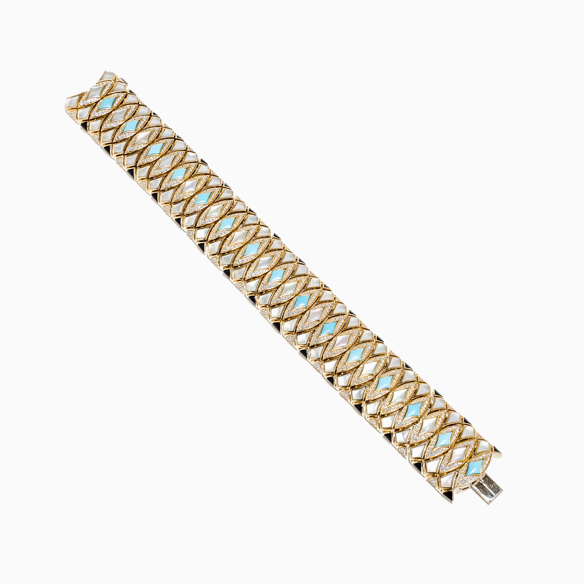 Al Zain Jena Gold bracelet with opal coloured gemstones mother of pearl and diamonds  on a white background