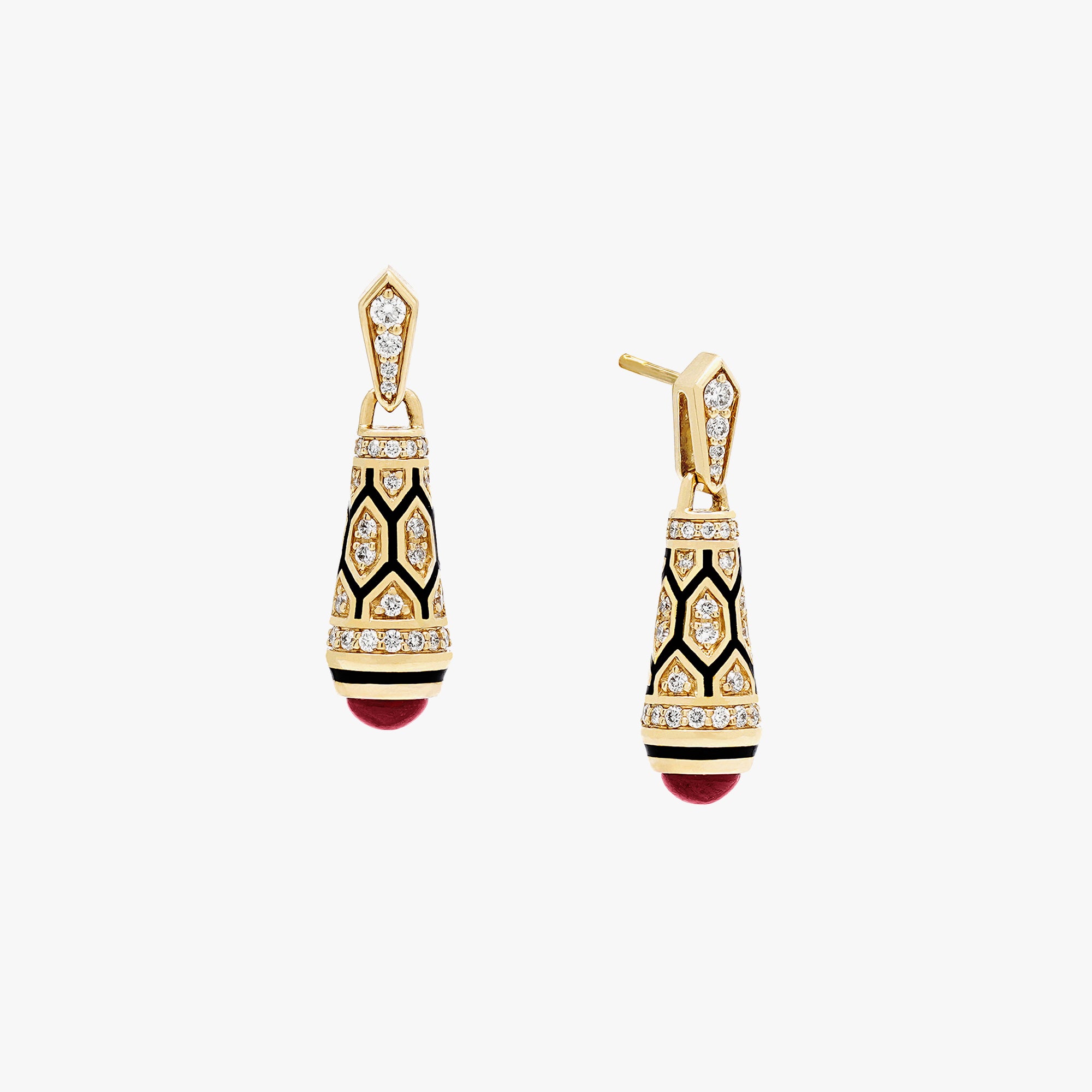 18k Mushabbak earrings in yellow gold with diamonds and rubies