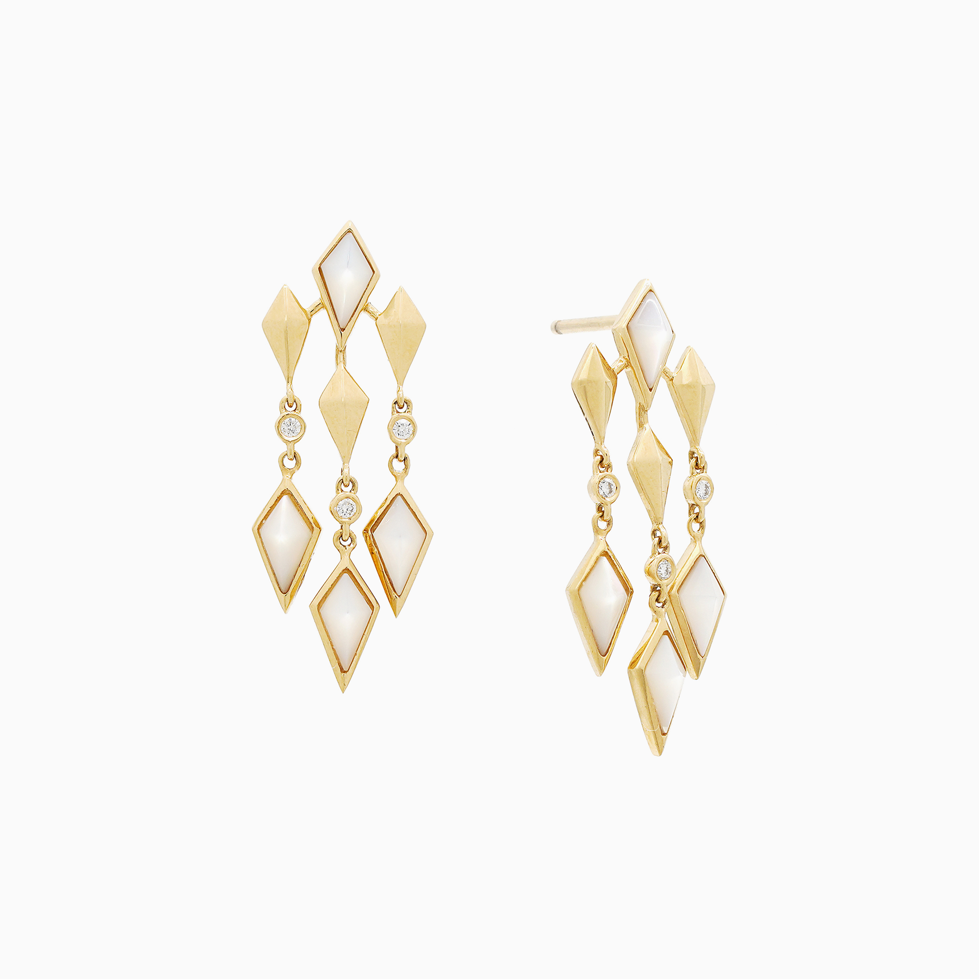 Al Zain Jewellery Al Mertashah Gold and white diamond-shaped earrings on a white background