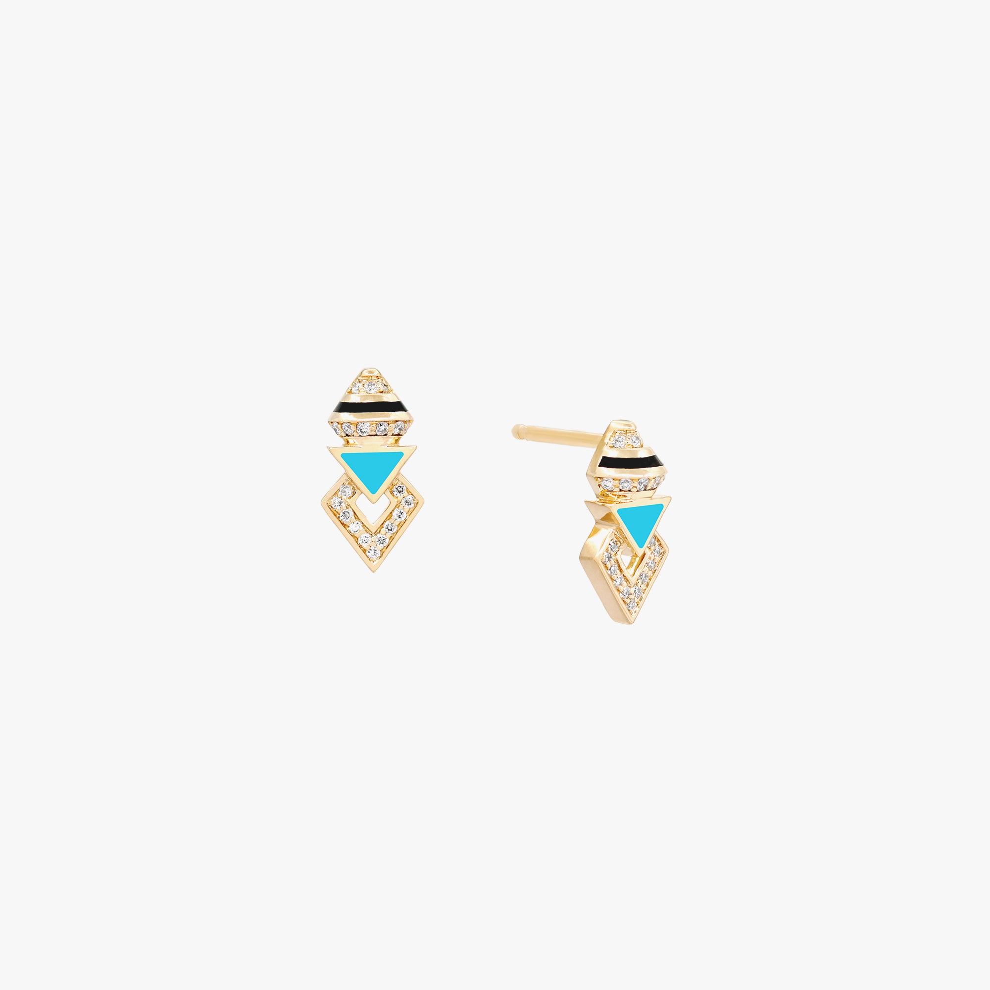 18k Yellow Gold Stud Earrings with Black & Turquoise Hyceram and Diamonds