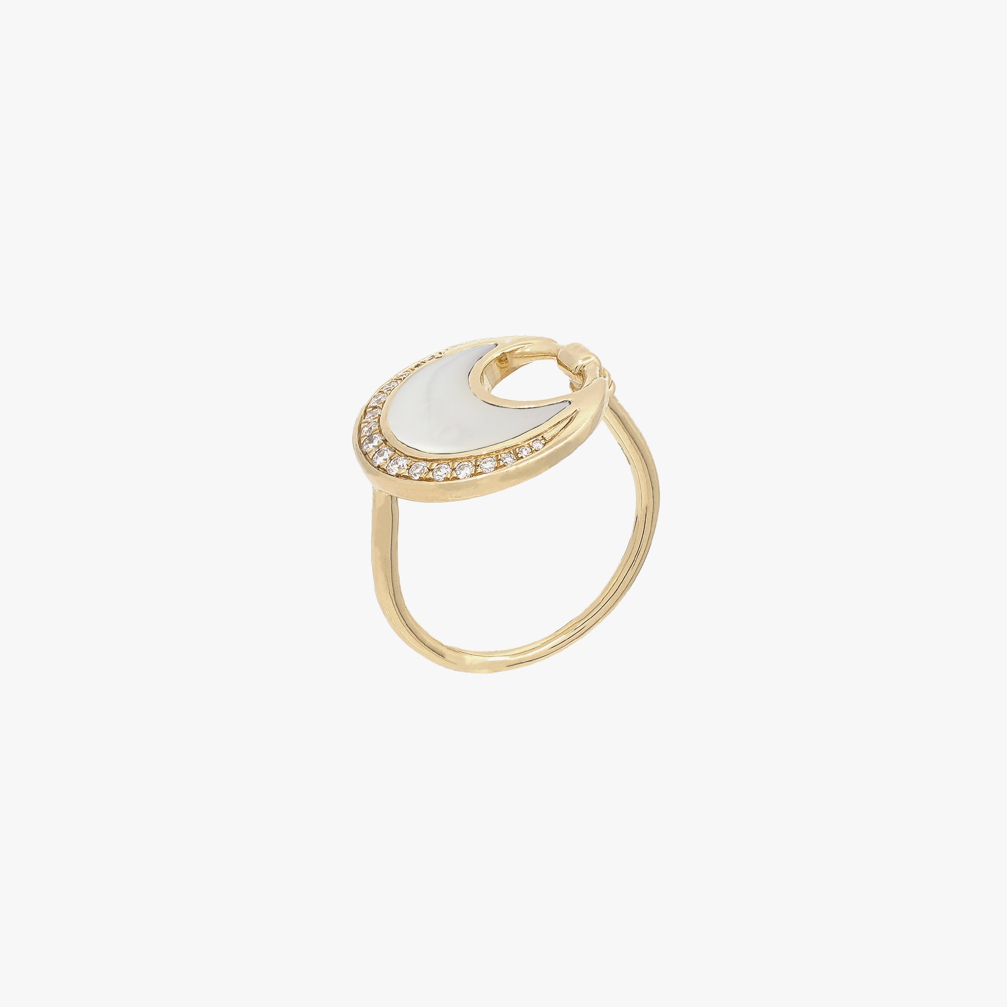 Al Hilal ring in yellow gold with mother of pearl stone and diamonds