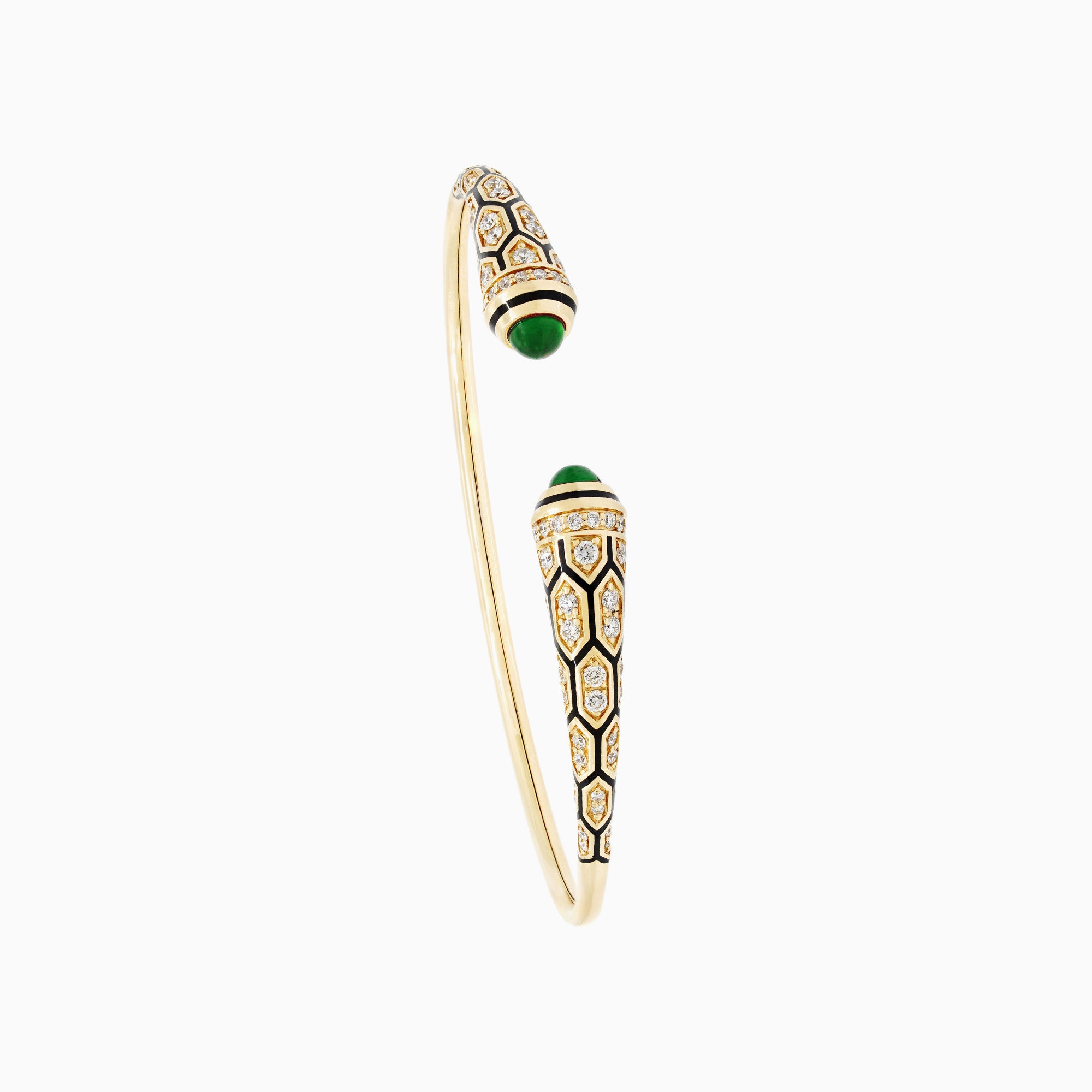 Al Zain Jewellery Mushabbak Gold bangle with green gemstones on a white background