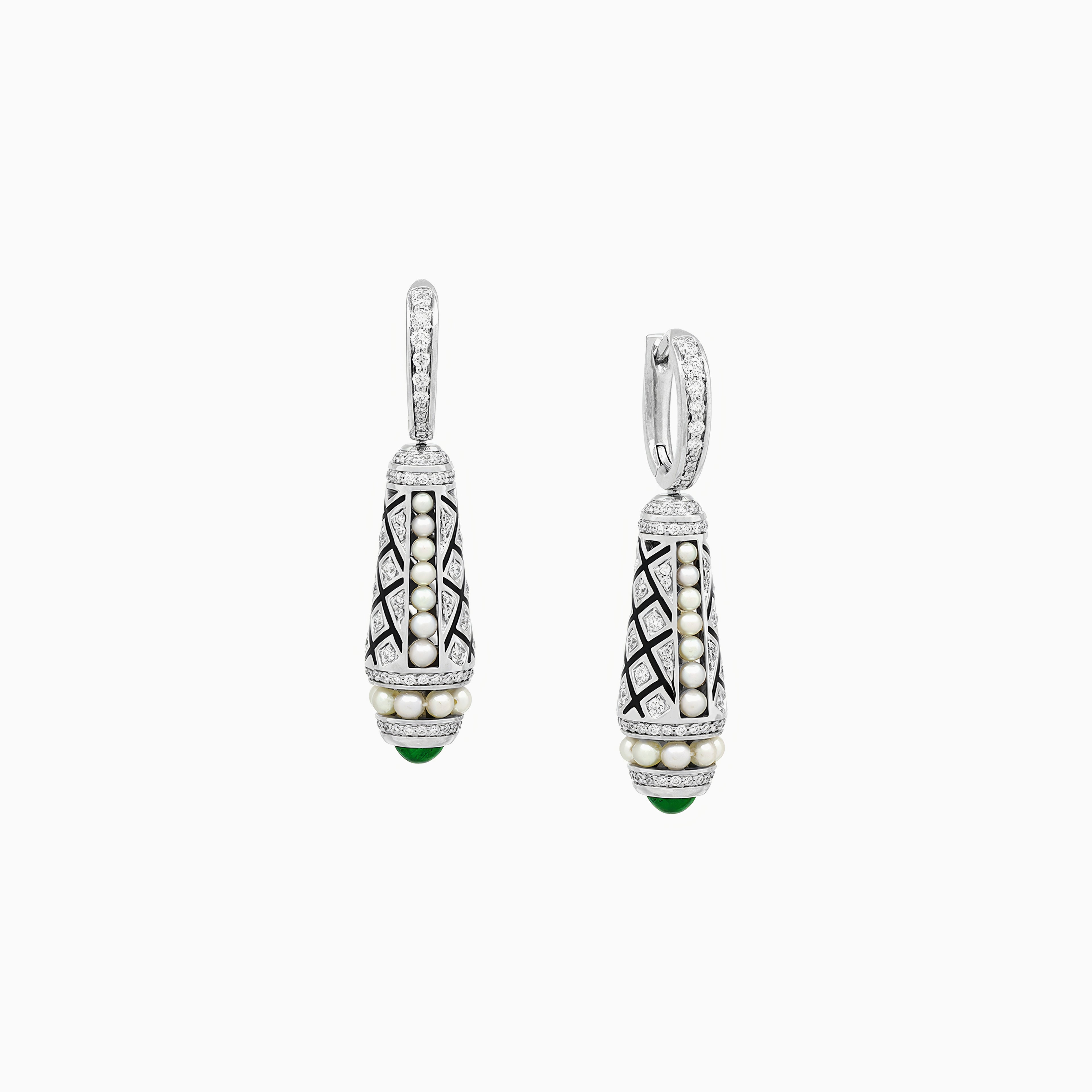 Al Zain Mushaabak pair of 18k white gold drop earrings with green emerald gemstones set with diamonds and natural Bahraini pearls on a white background