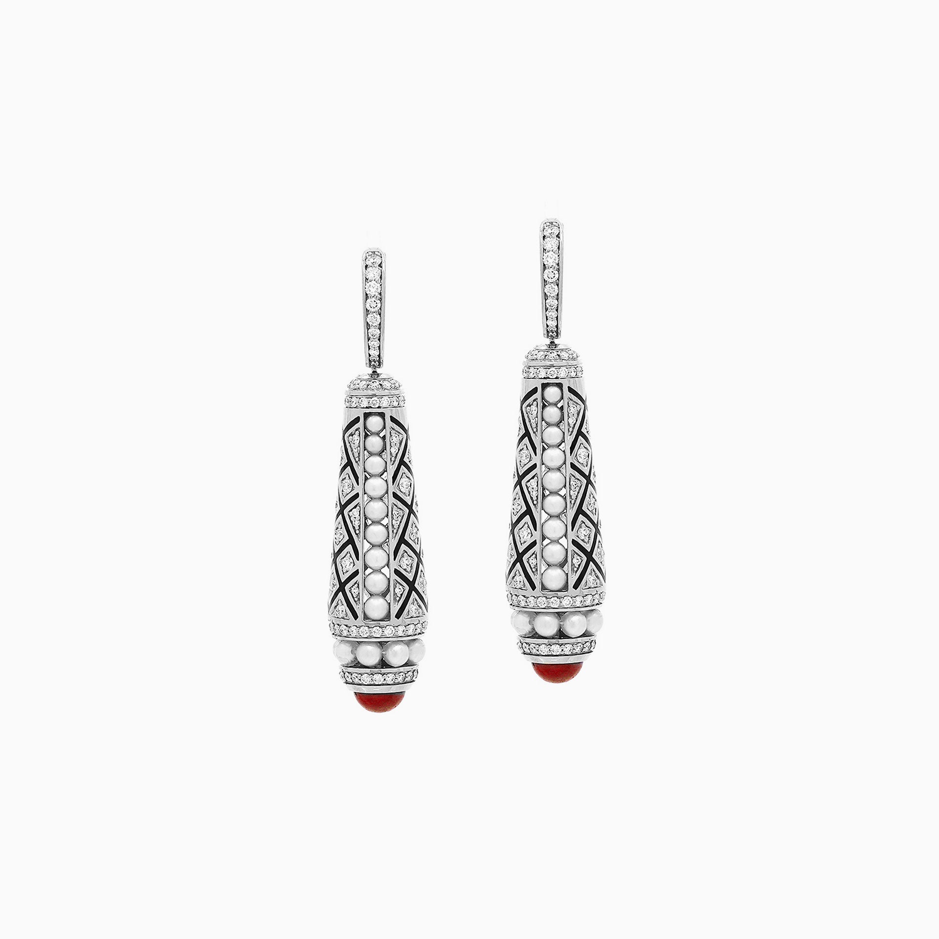 Al Zain Mushaabak  pair of white gold drop earrings with red ruby gemstones set with diamonds and natural Bahraini pearls on a white background