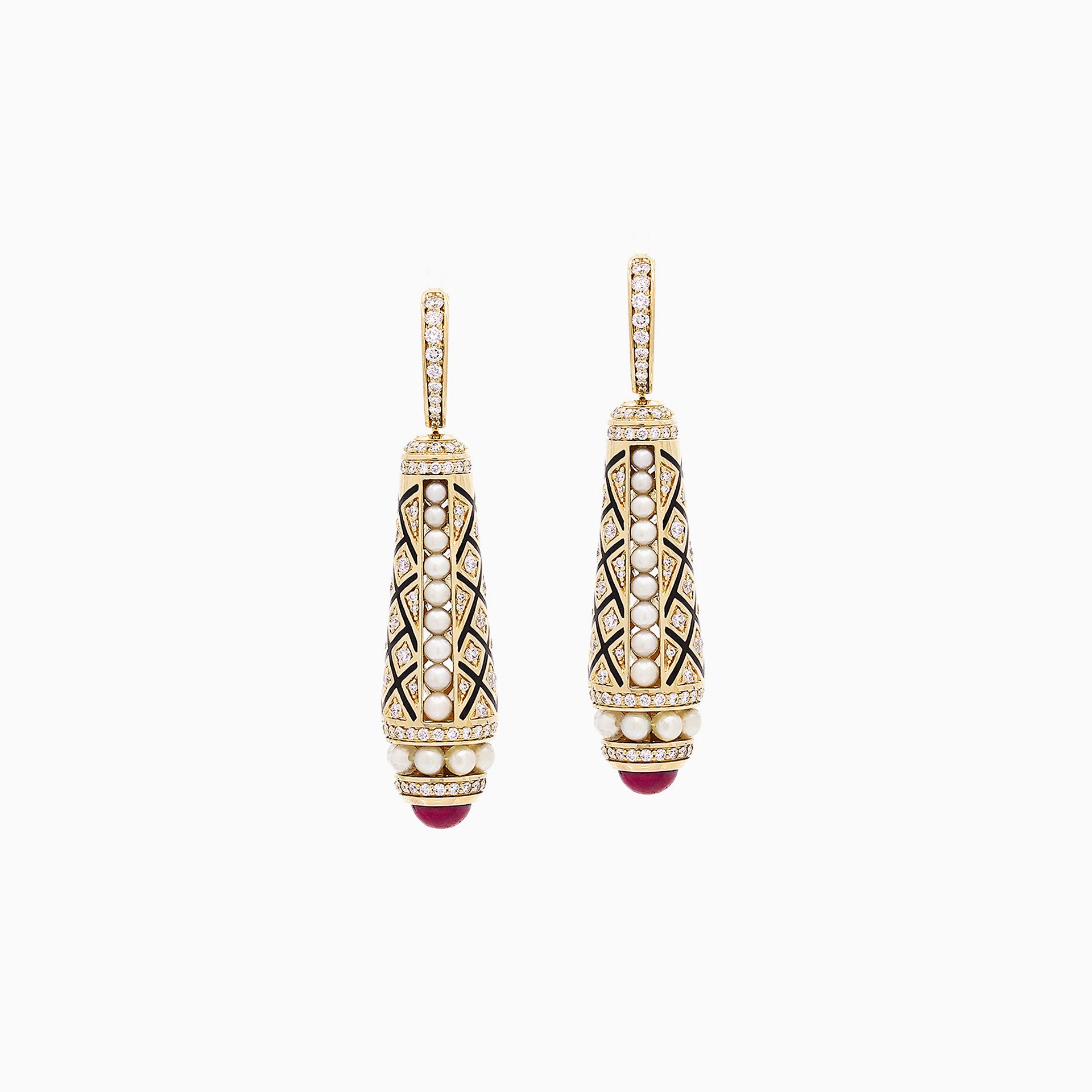 Al Zain Mushabbak pair of yellow 18k gold drop earrings set with diamonds, natural Bahraini pearls and red ruby gemstones on a white background.