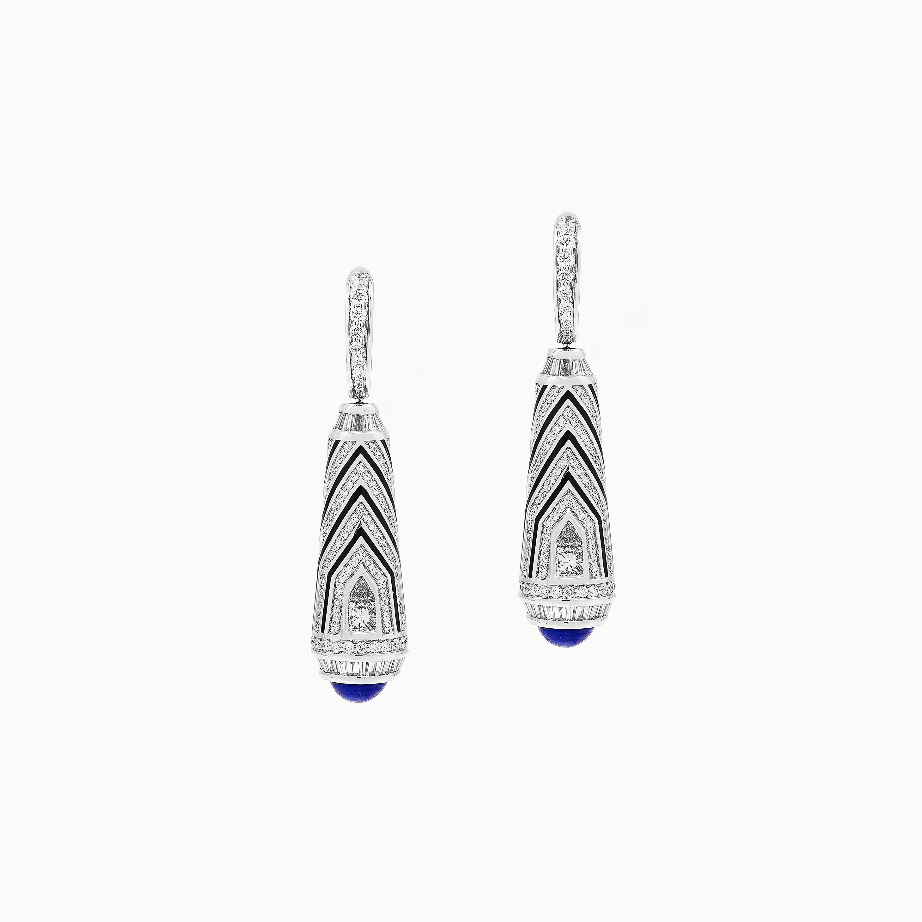 Mushaabak white gold drop earrings with blue sapphire gemstones set with diamonds on a white background