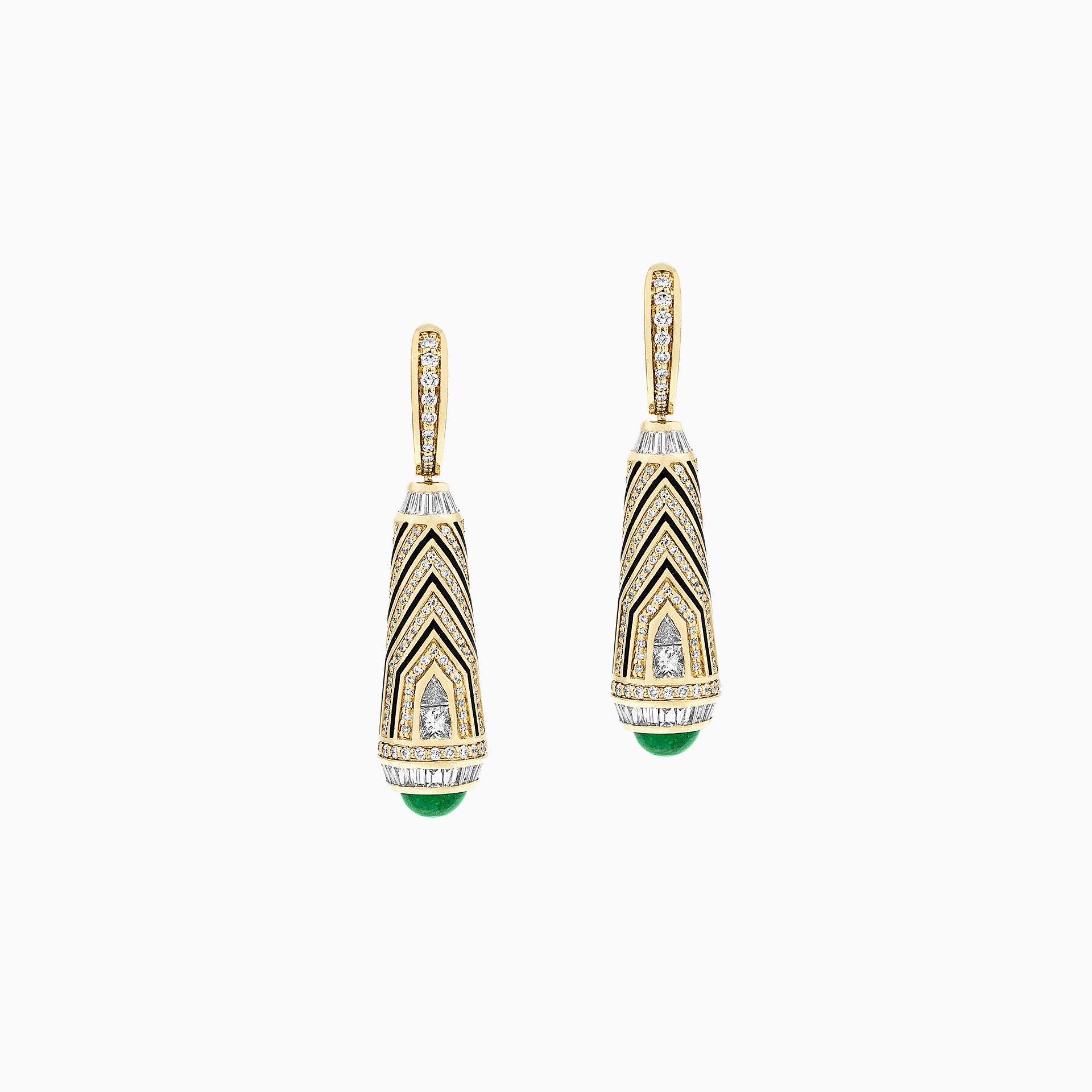 Al Zain Mushaabak pair of 18k yellow  gold drop earrings with green emerald gemstones set with diamonds on a white background