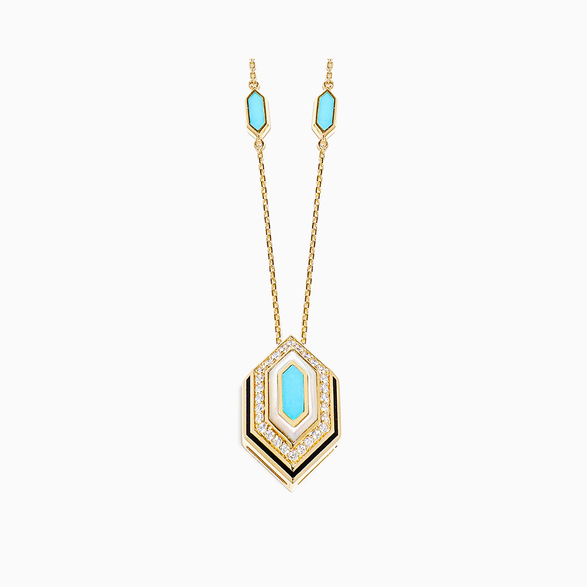 Al Zain Jena Gold necklace with a turquoise pendant on chain with set diamonds on a white background 