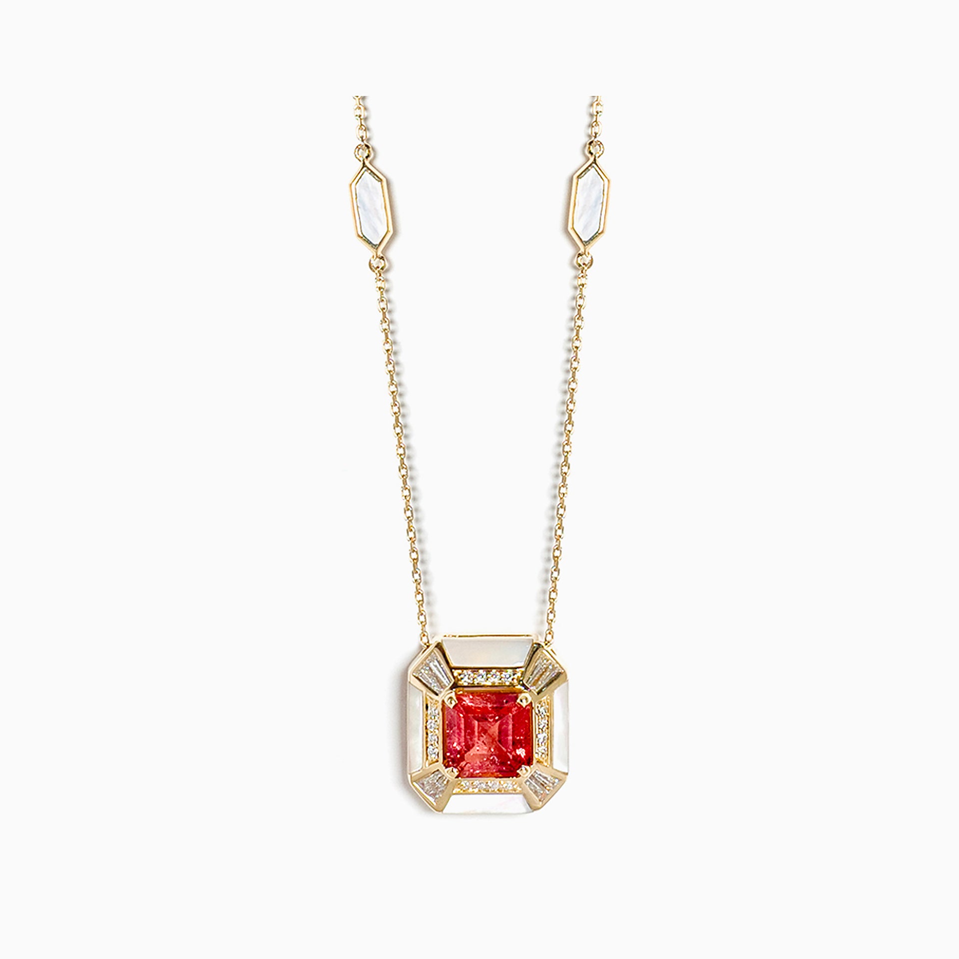 Al Zain Jena Gold necklace with a red coloured gemstone chain with pendant set diamonds and mother of on a white backgroundearl 