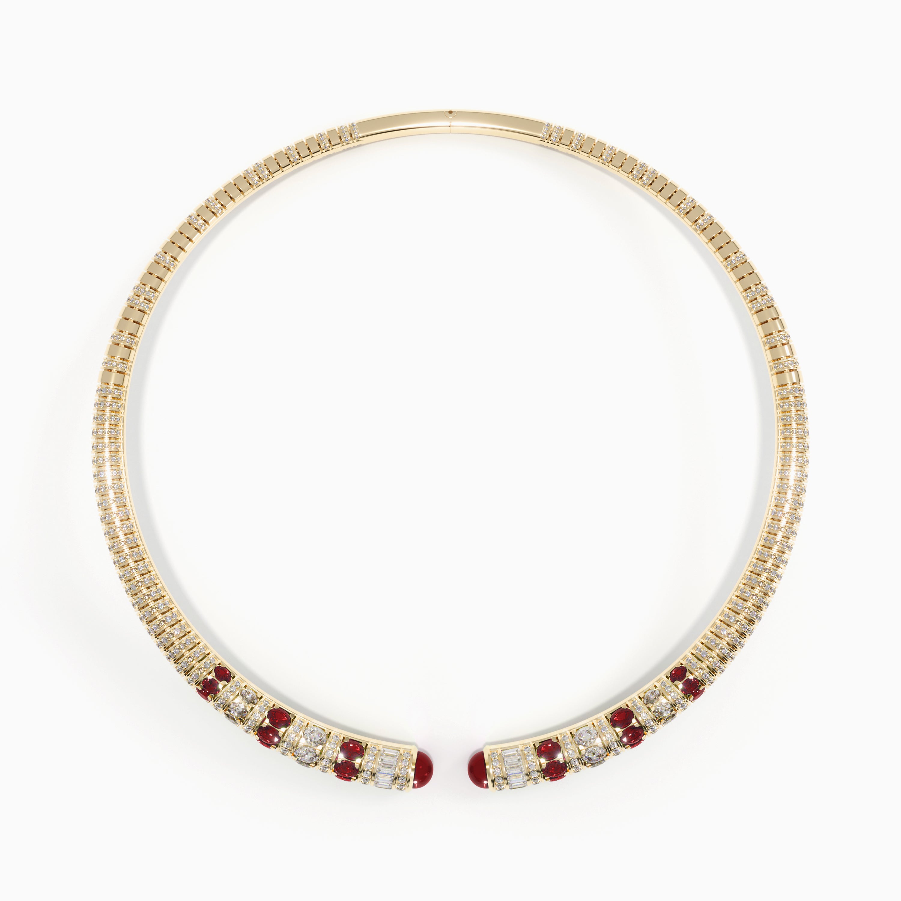 Al Zain Mushabbak 18k yellow gold clasp chocker with diamonds and red ruby gemstones on a white background.