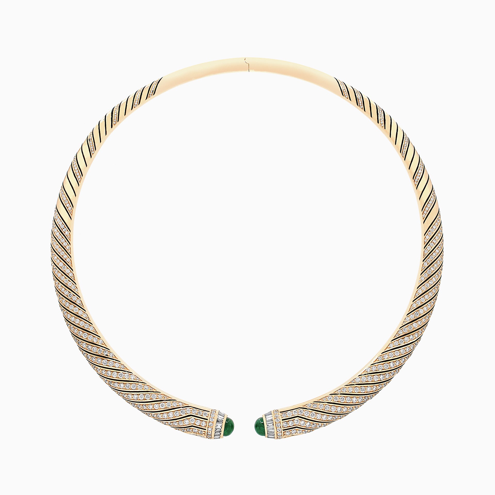Al Zain Mushaabak 18k yellow gold clasp choker with green emerald gemstones set with diamonds on a white background