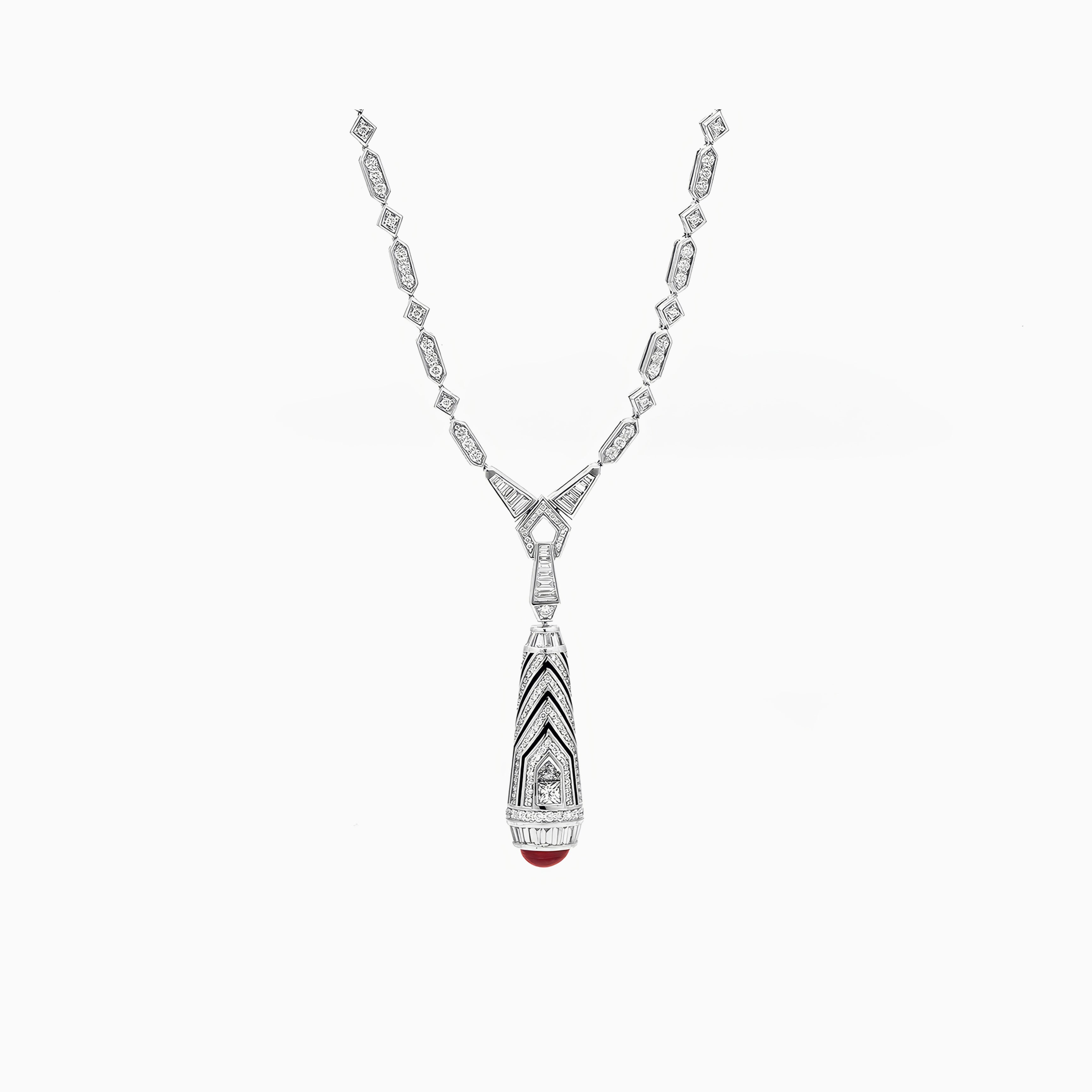 Al Zain Mushaabak white gold pendant necklace with red ruby gemstone set with diamonds on a white background