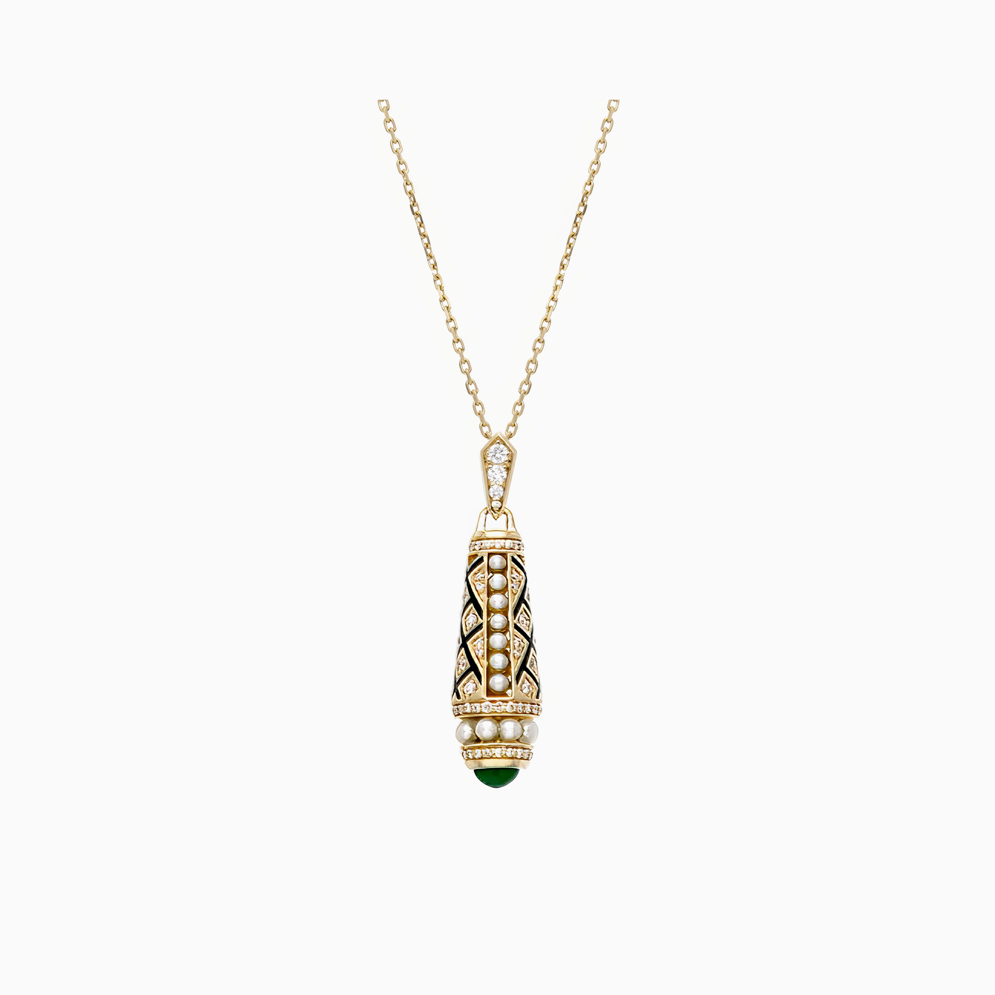 Al Zain Mushaabak 18k yellow gold pendent necklace on chain with green emerald gemstones set with diamonds and natural Bahraini pearls on a white background