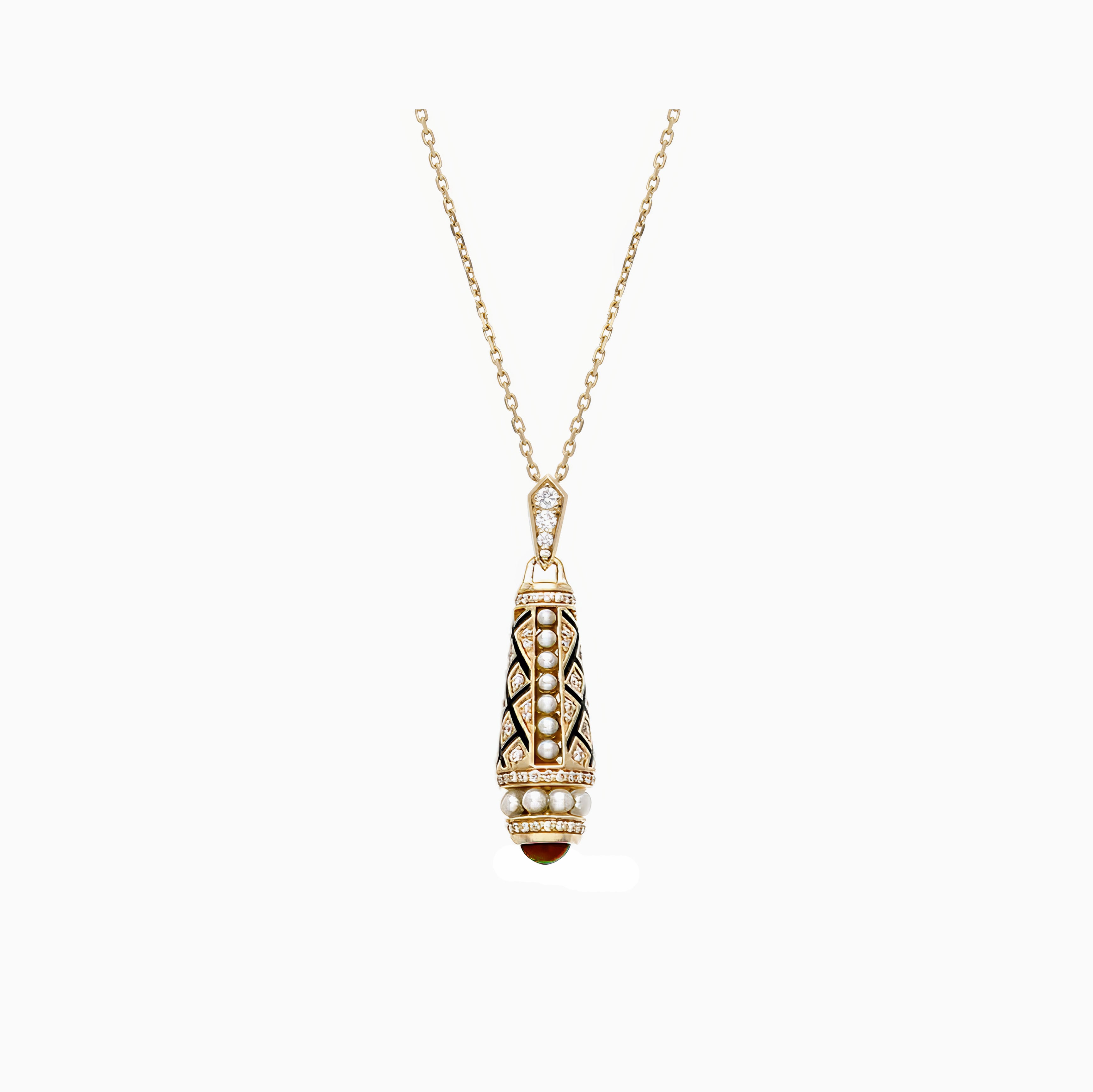 Al Zain Mushaabak 18k pendant necklace on chain with red ruby gemstones set with diamonds and natural Bahraini pearls on a white background