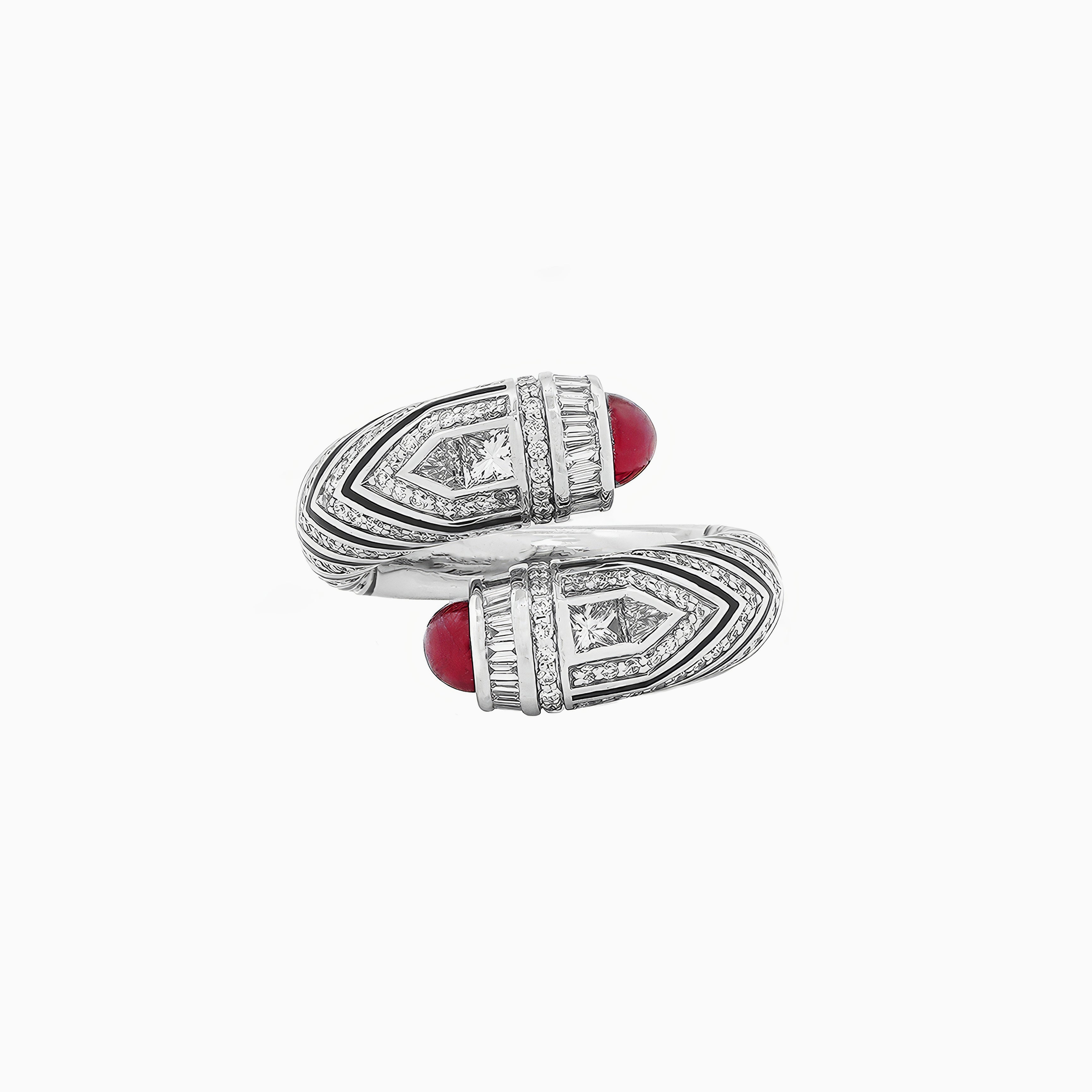 Al Zain Mushaabak white gold ring with red ruby gemstones set with diamonds on a white background