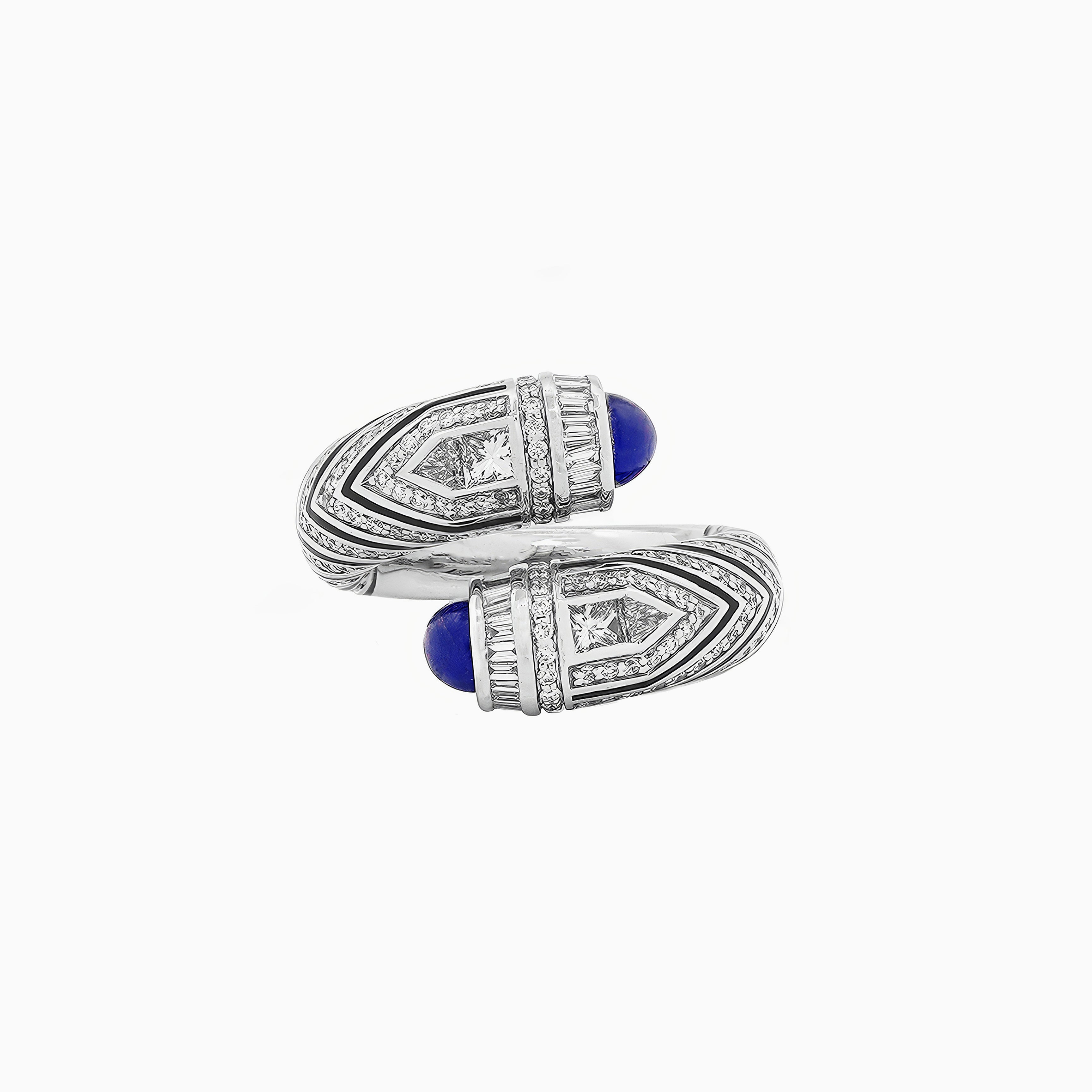 Al Zain Mushaabak white gold ring with blue sapphire gemstones set with diamonds on a white background