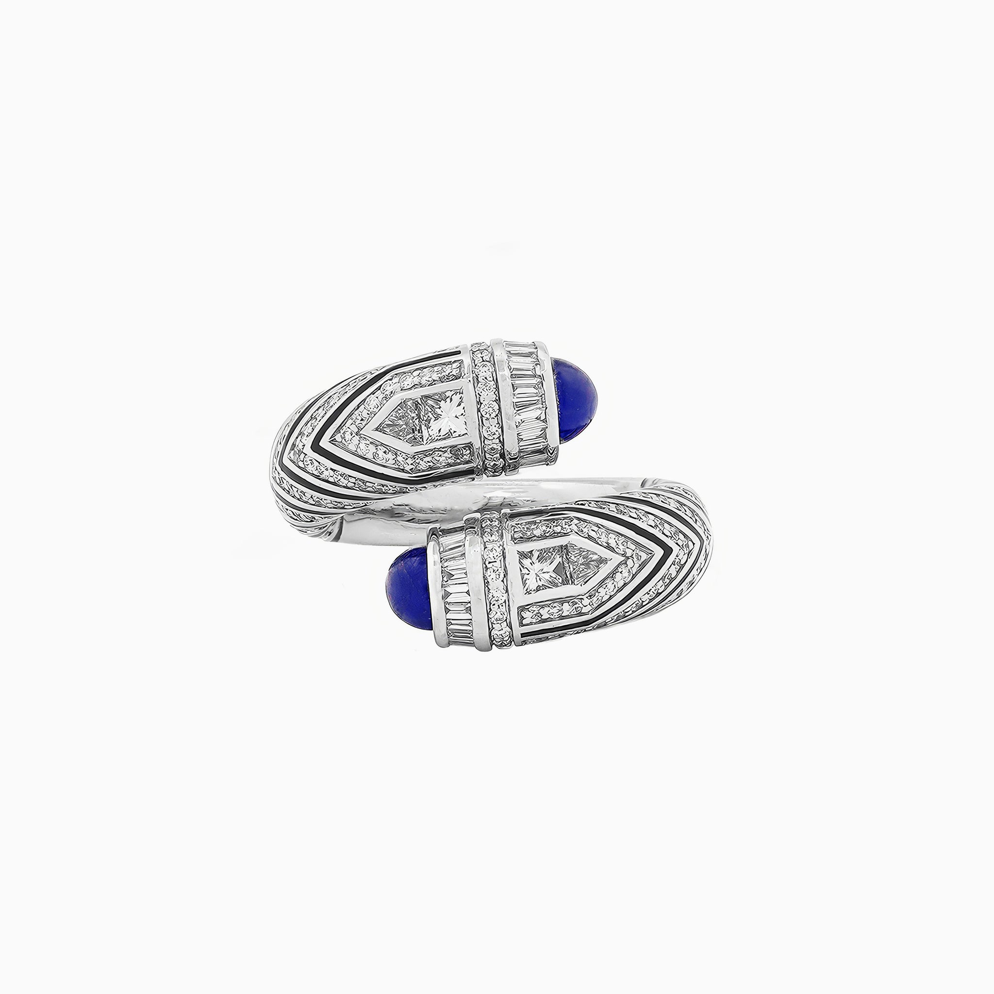 Al Zain Mushaabak white gold ring with blue sapphire gemstones set with diamonds on a white background