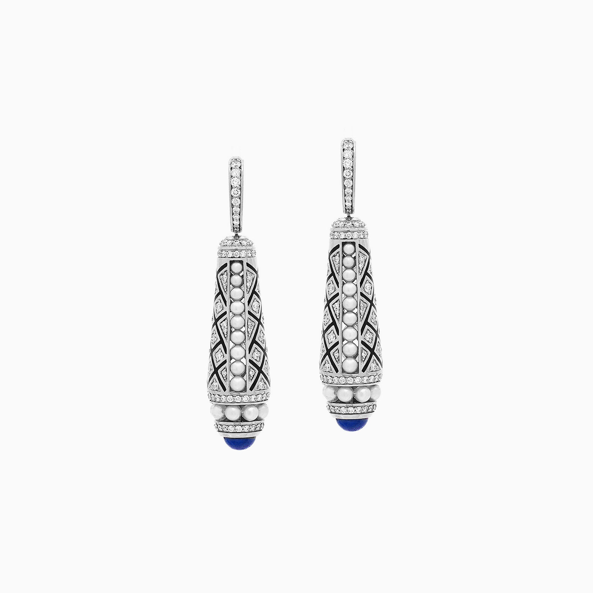 Al Zain Mushaabak pair of 18k white gold drop earrings with blue sapphire gemstones set with diamonds and natural Bahraini pearls on a white background