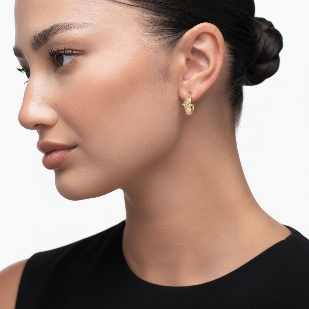 Woman in black wearing hab el hayl earrings 18k yellow gold with diamonds in white background