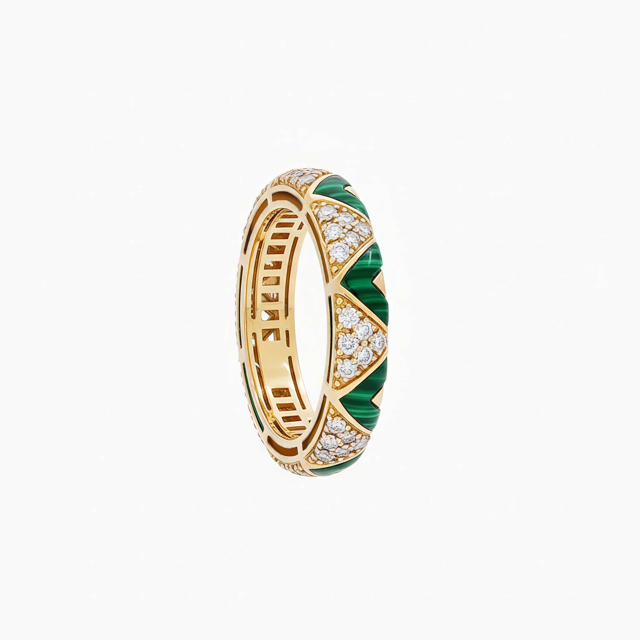 Sadu gold ring with malachite and diamonds on a white background
