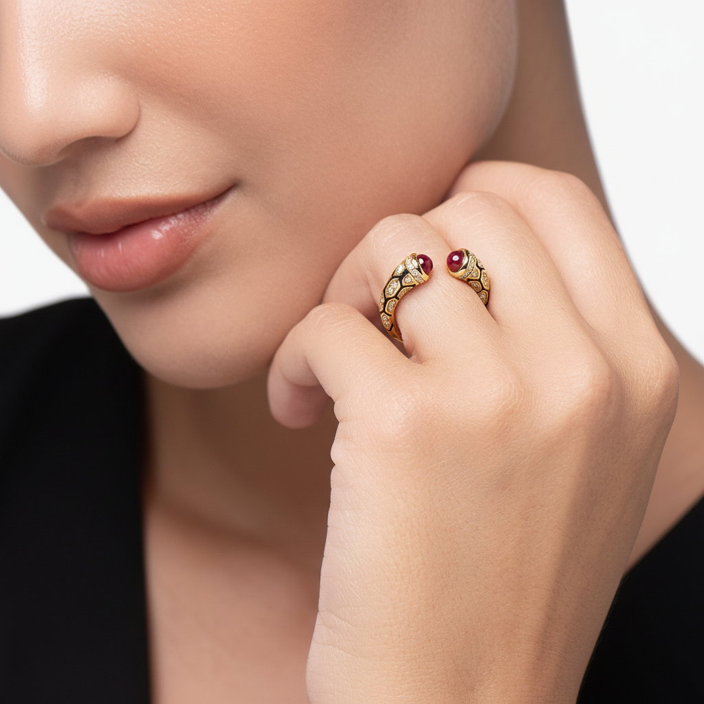 Open ring with rubies and black dress