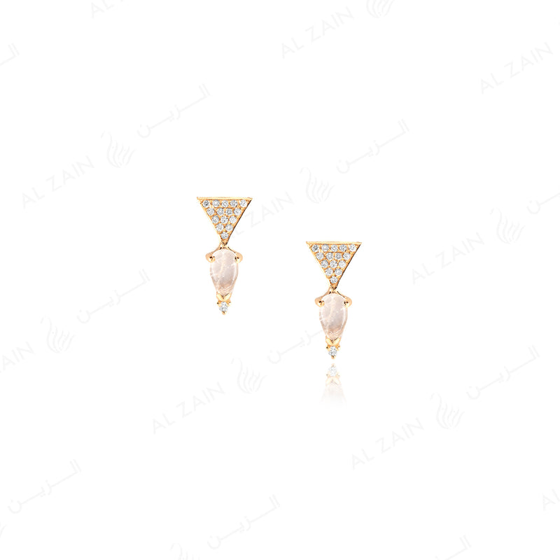 Melati triangle Earrings in Yellow Gold with Diamonds and moon stone