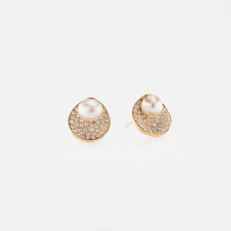Natural Pearl Stud Earrings in Yellow Gold with Diamonds - Al Zain Jewellery