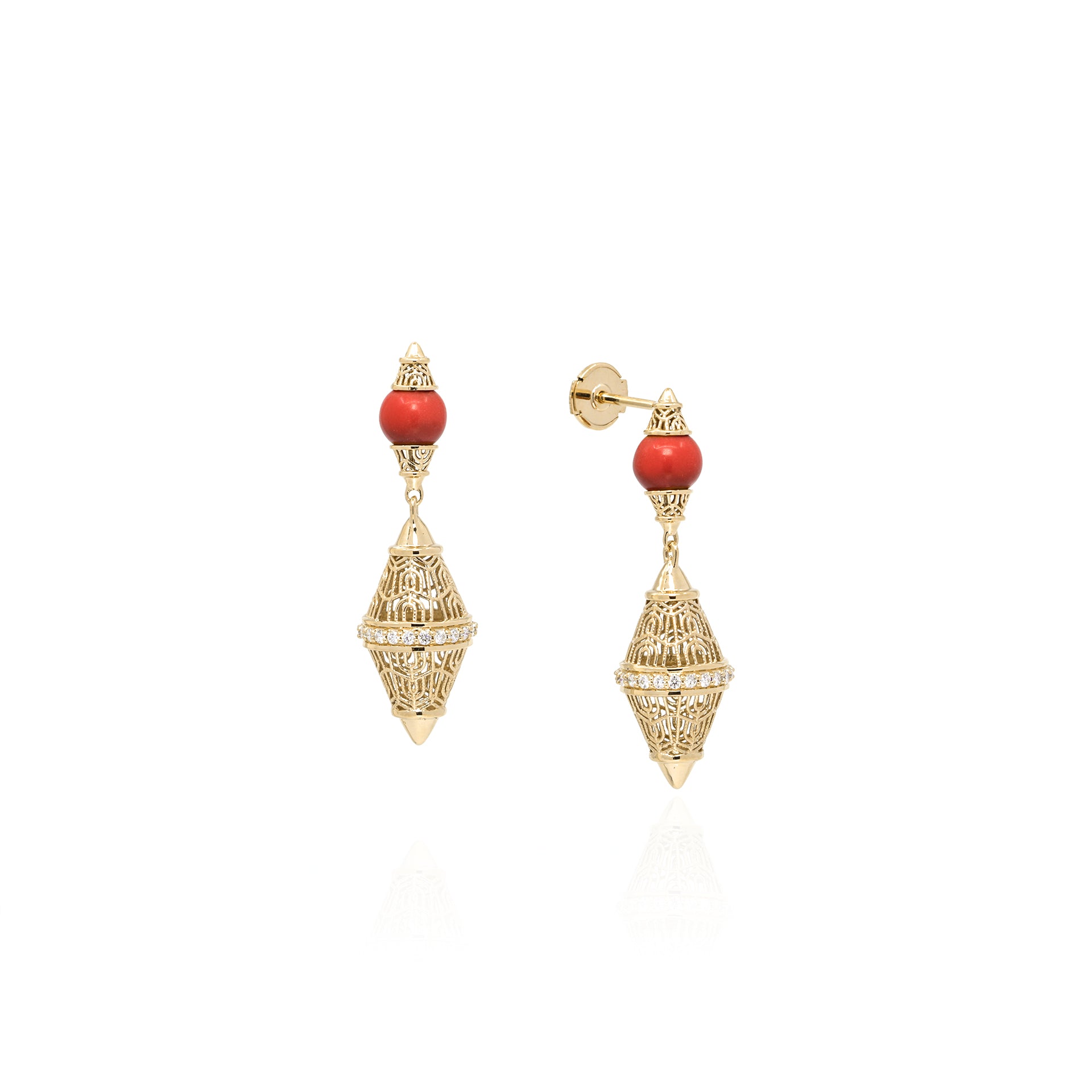 Al Merriyah Mood colour earrings in 18k Yellow gold with Coral and Diamonds